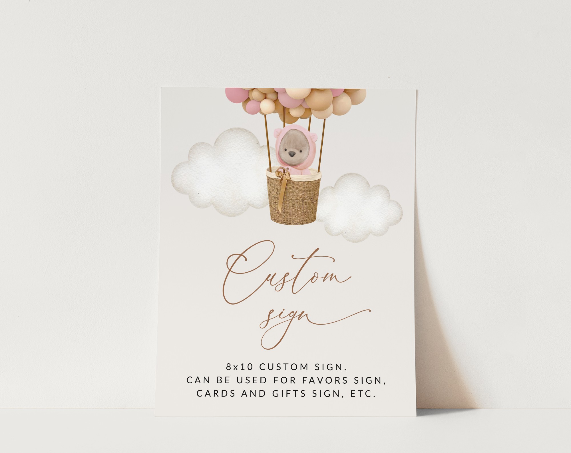 Bear and Pink Balloons Custom Sign, Birthday Sign, First Birthday, Girl Birthday, Printable File, Edit Yourself, SH89