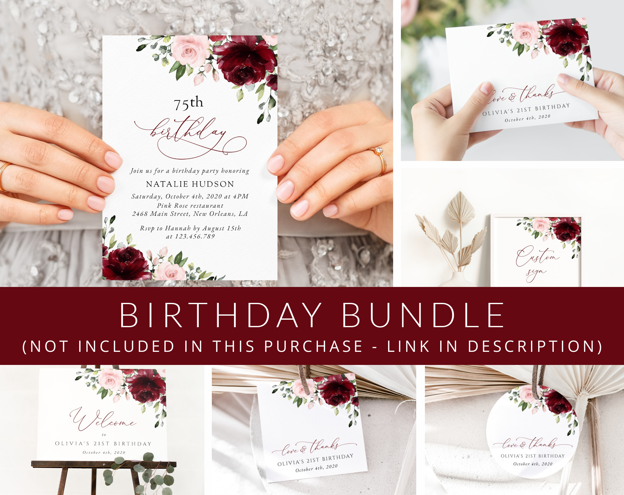 Burgundy and Blush Flowers Birthday Mini Bundle, Girl Birthday, Any Birthday, Printable File, Edit Yourself, SH90