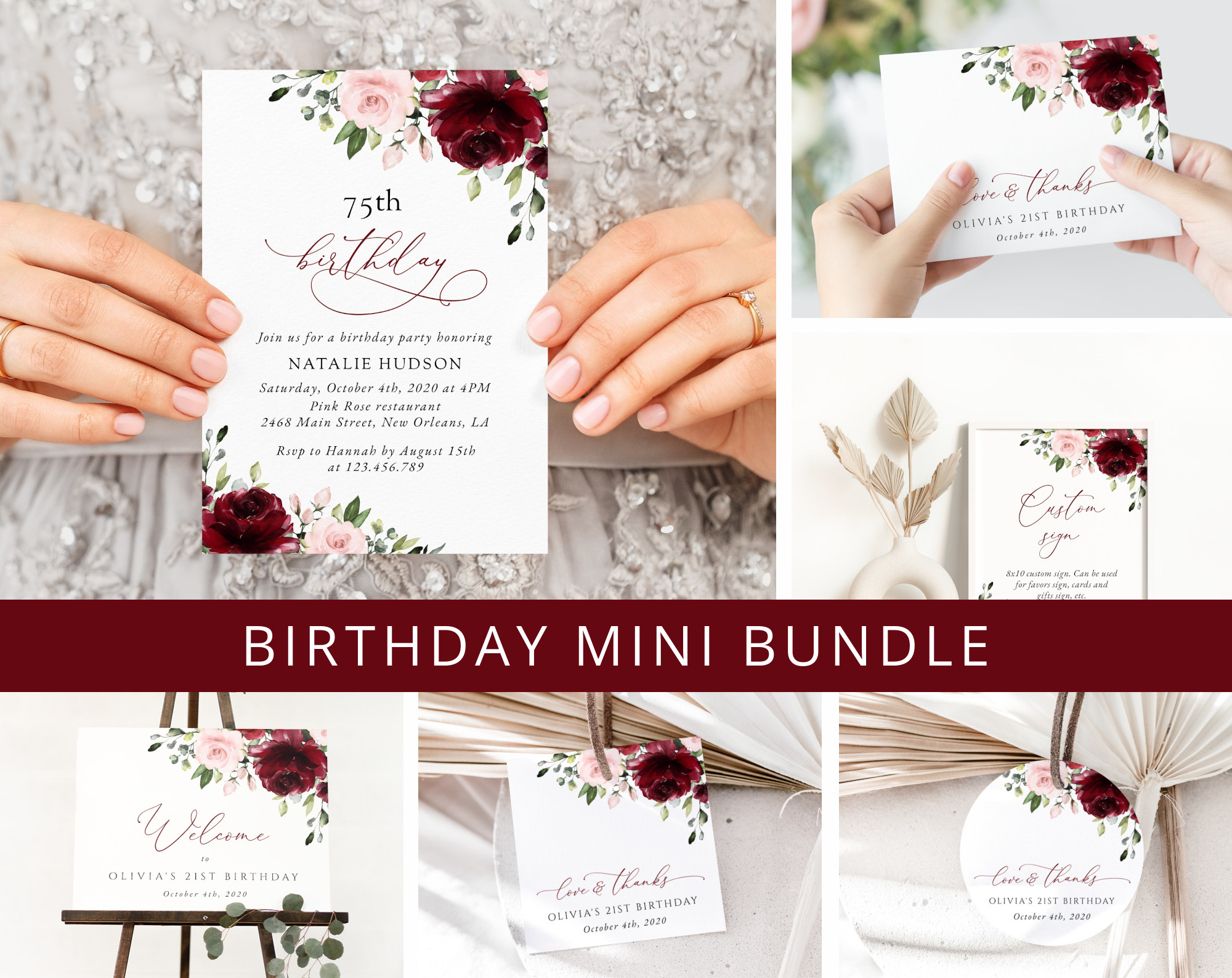 Burgundy and Blush Flowers Birthday Mini Bundle, Girl Birthday, Any Birthday, Printable File, Edit Yourself, SH90