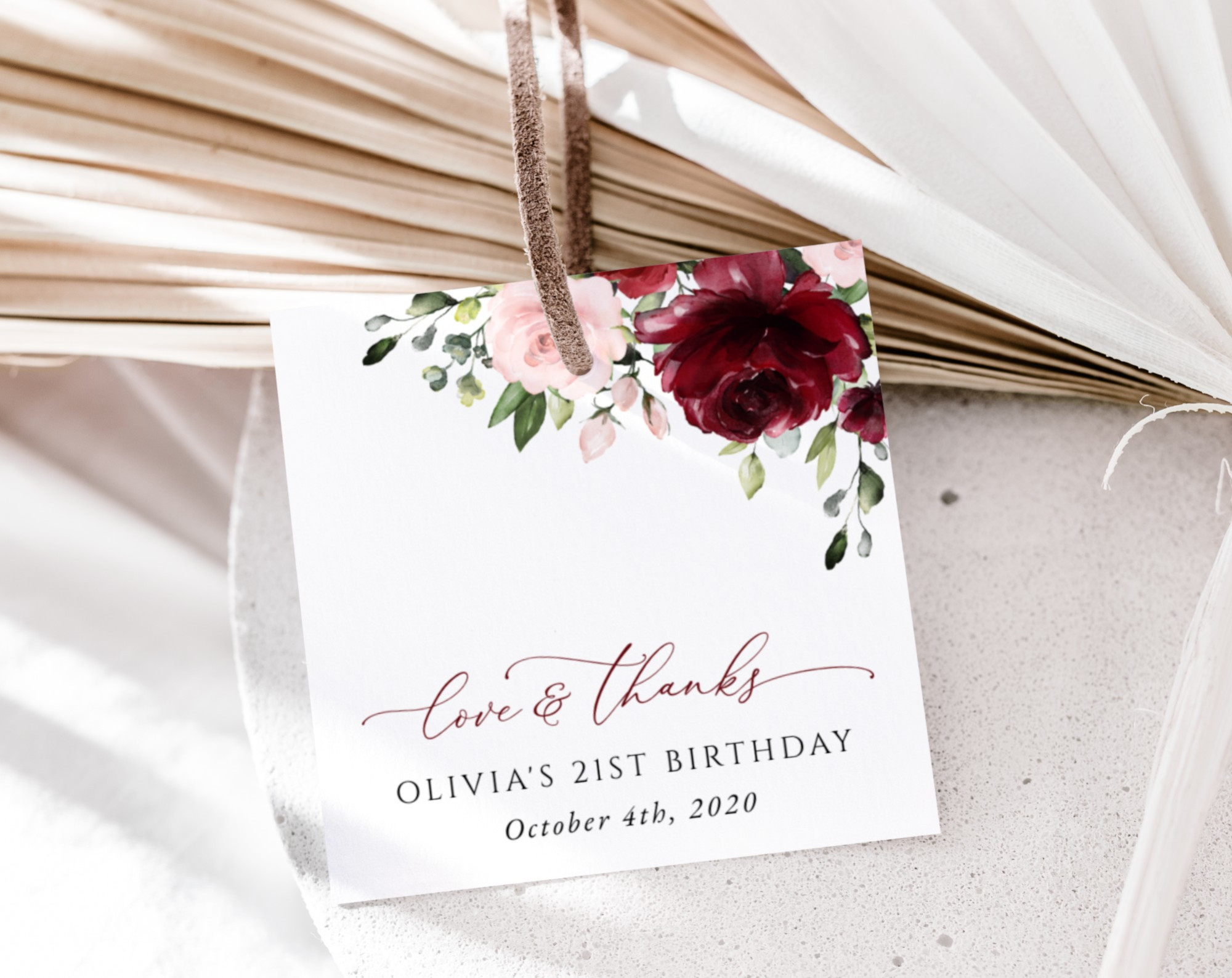 Burgundy and Blush Flowers Favor Tags, Gift Tags, Girl Birthday, Printable File, Edit Yourself, SH90