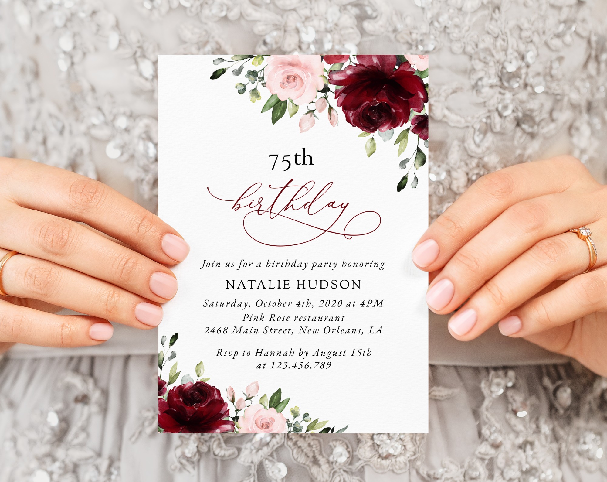 Burgundy and Blush Flowers Birthday Invitation, Girl Birthday, Any Birthday, Printable File, Edit Yourself, SH90