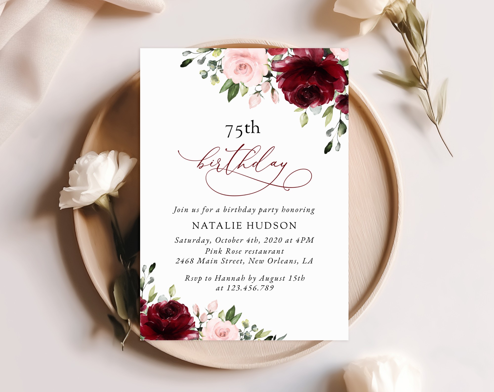 Burgundy and Blush Flowers Birthday Invitation, Girl Birthday, Any Birthday, Printable File, Edit Yourself, SH90