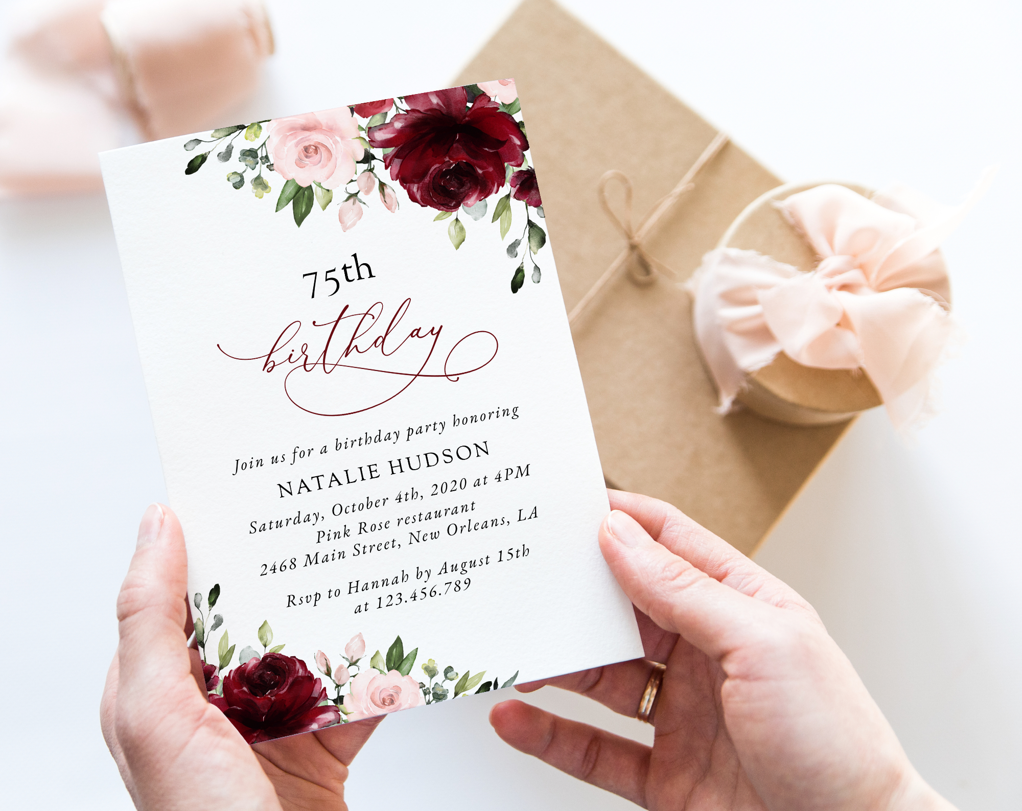 Burgundy and Blush Flowers Birthday Invitation, Girl Birthday, Any Birthday, Printable File, Edit Yourself, SH90