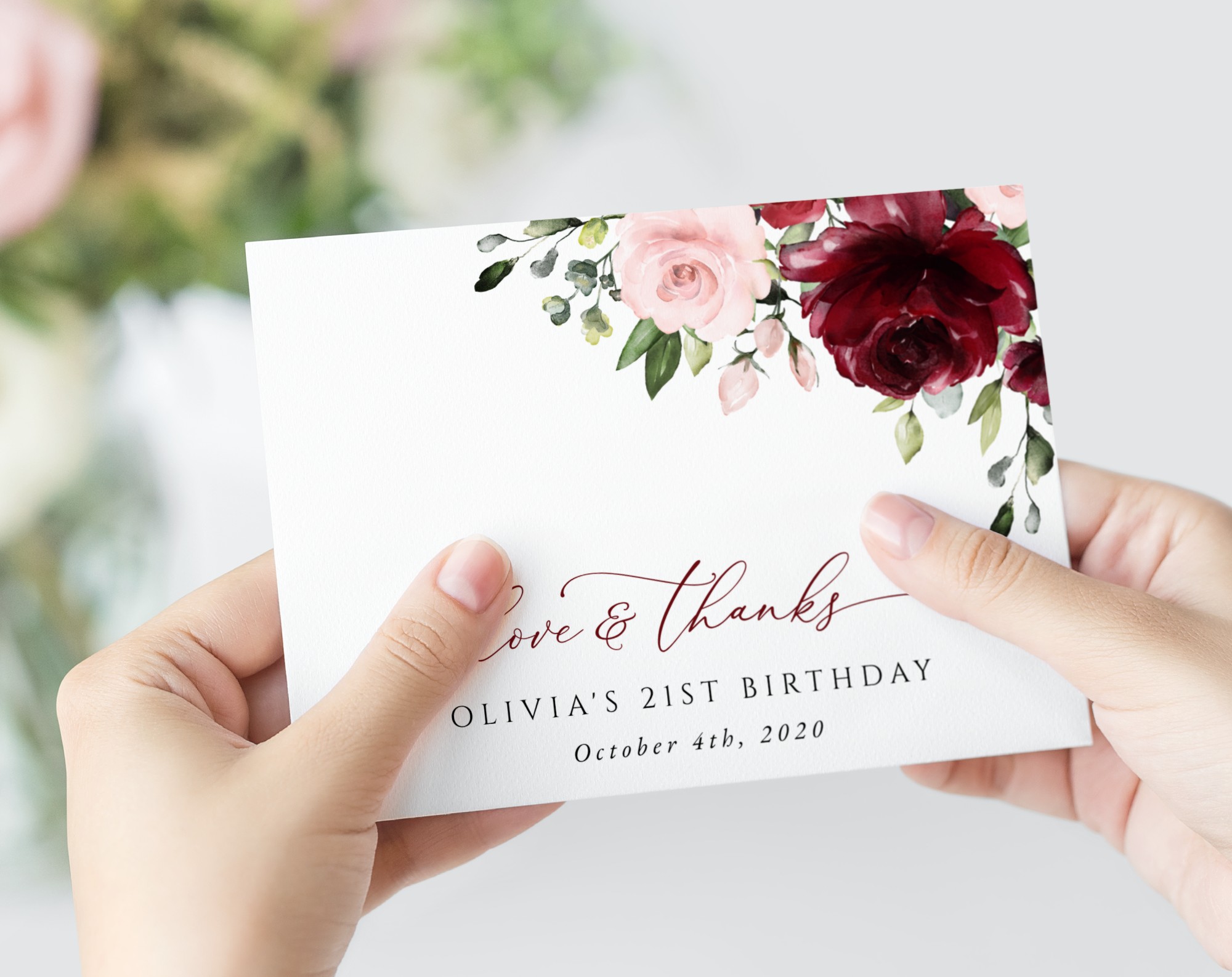 Burgundy and Blush Flowers Thank You Card, Girl Birthday, Printable File, Edit Yourself, SH90