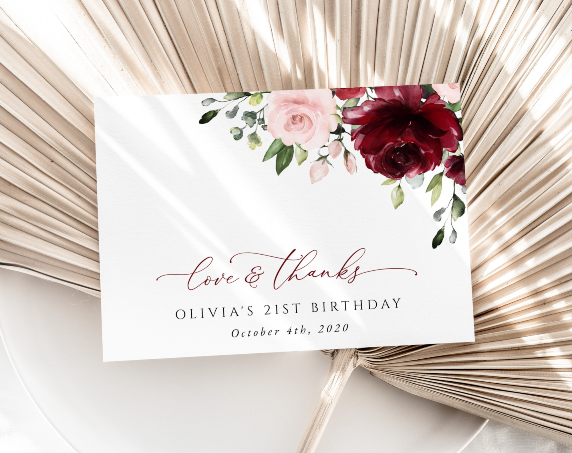 Burgundy and Blush Flowers Thank You Card, Girl Birthday, Printable File, Edit Yourself, SH90