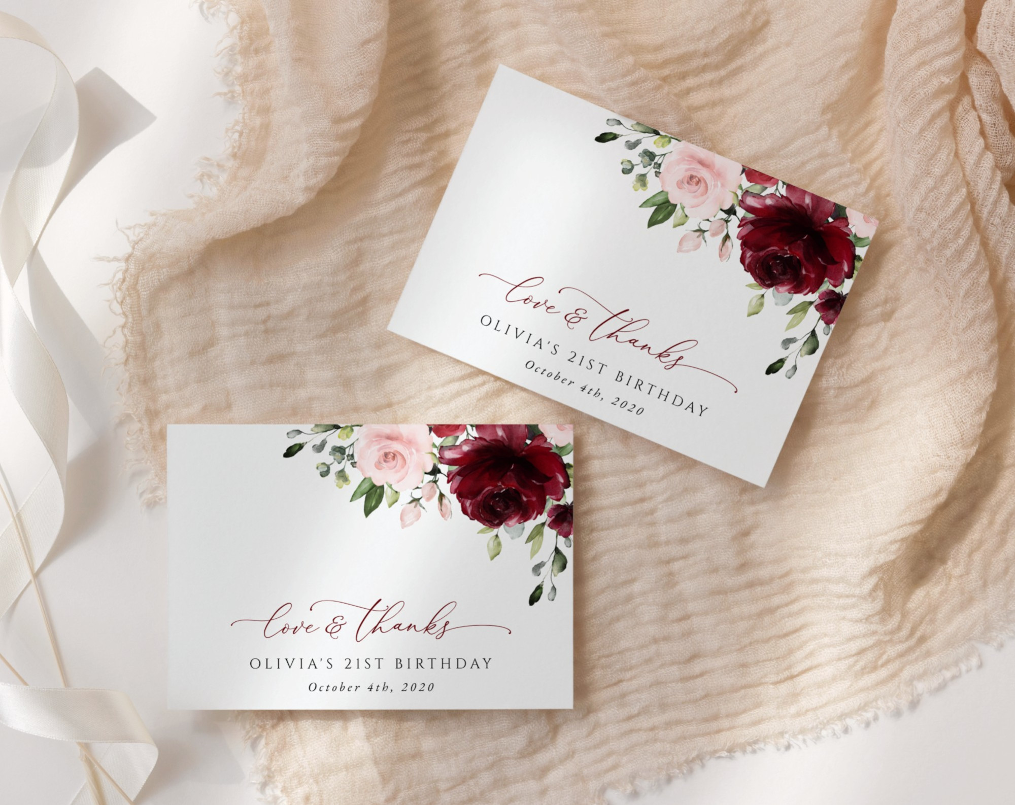 Burgundy and Blush Flowers Thank You Card, Girl Birthday, Printable File, Edit Yourself, SH90