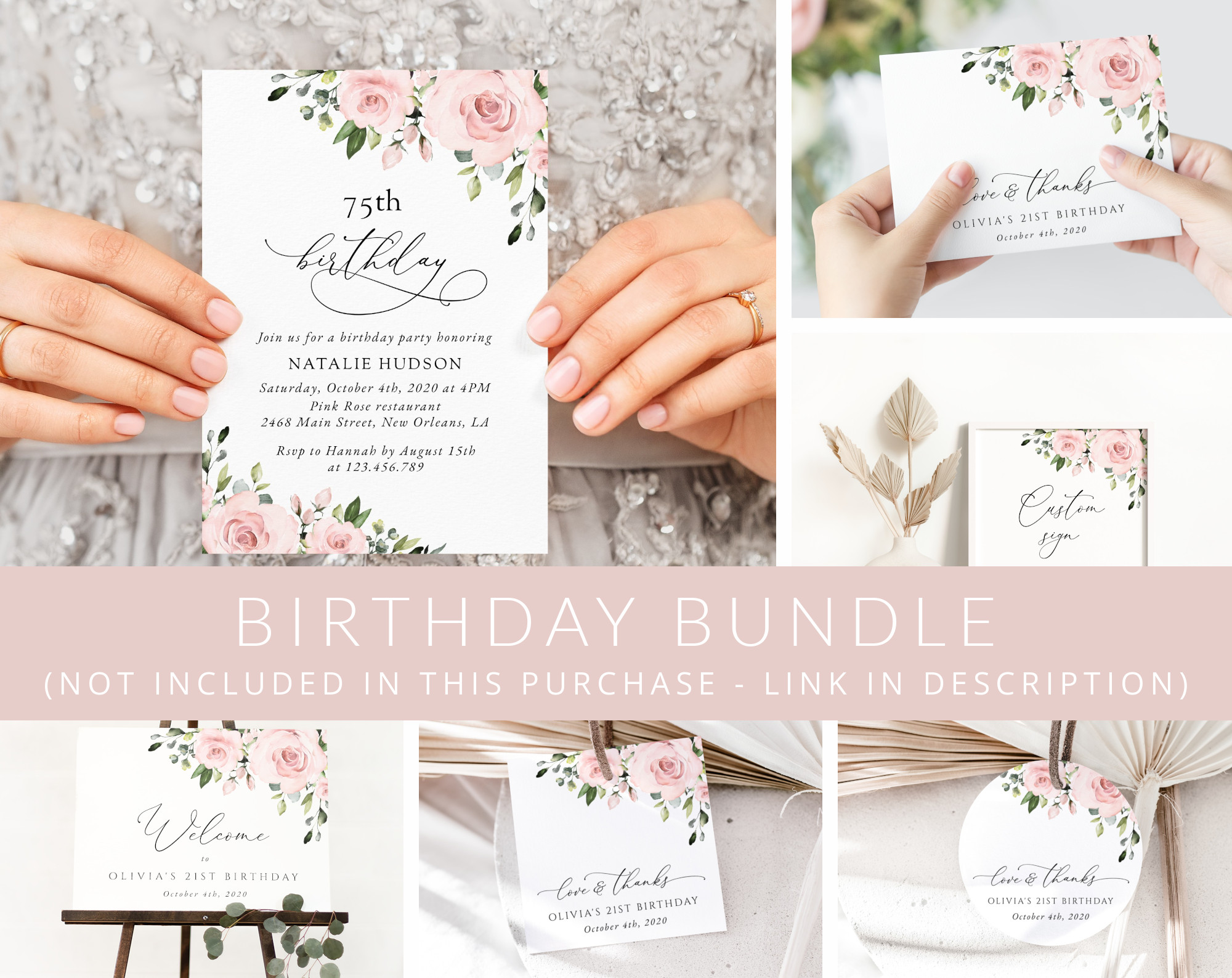 Blush Flowers Birthday Mini Bundle, Girl Birthday, Any Birthday, Printable File, Edit Yourself, SH91