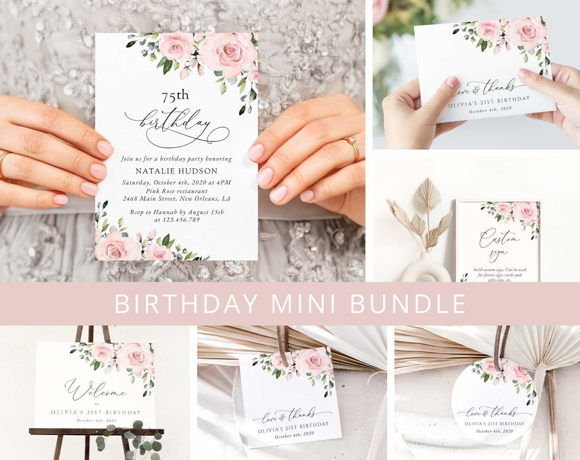 Blush Flowers Birthday Mini Bundle, Girl Birthday, Any Birthday, Printable File, Edit Yourself, SH91