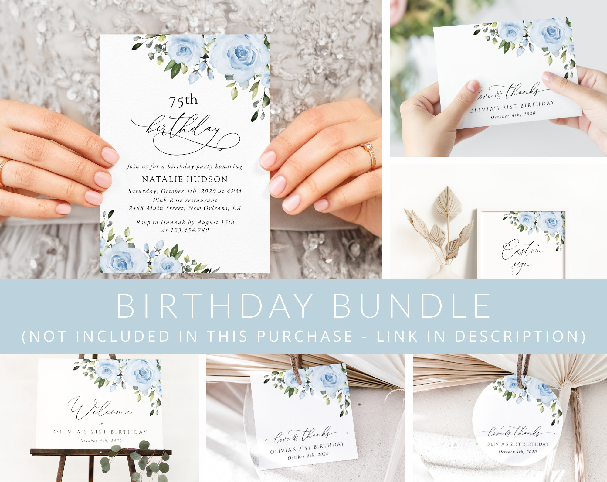 Dusty Blue Flowers Birthday Mini Bundle, Girl Birthday, Any Birthday, Printable File, Edit Yourself, SH92