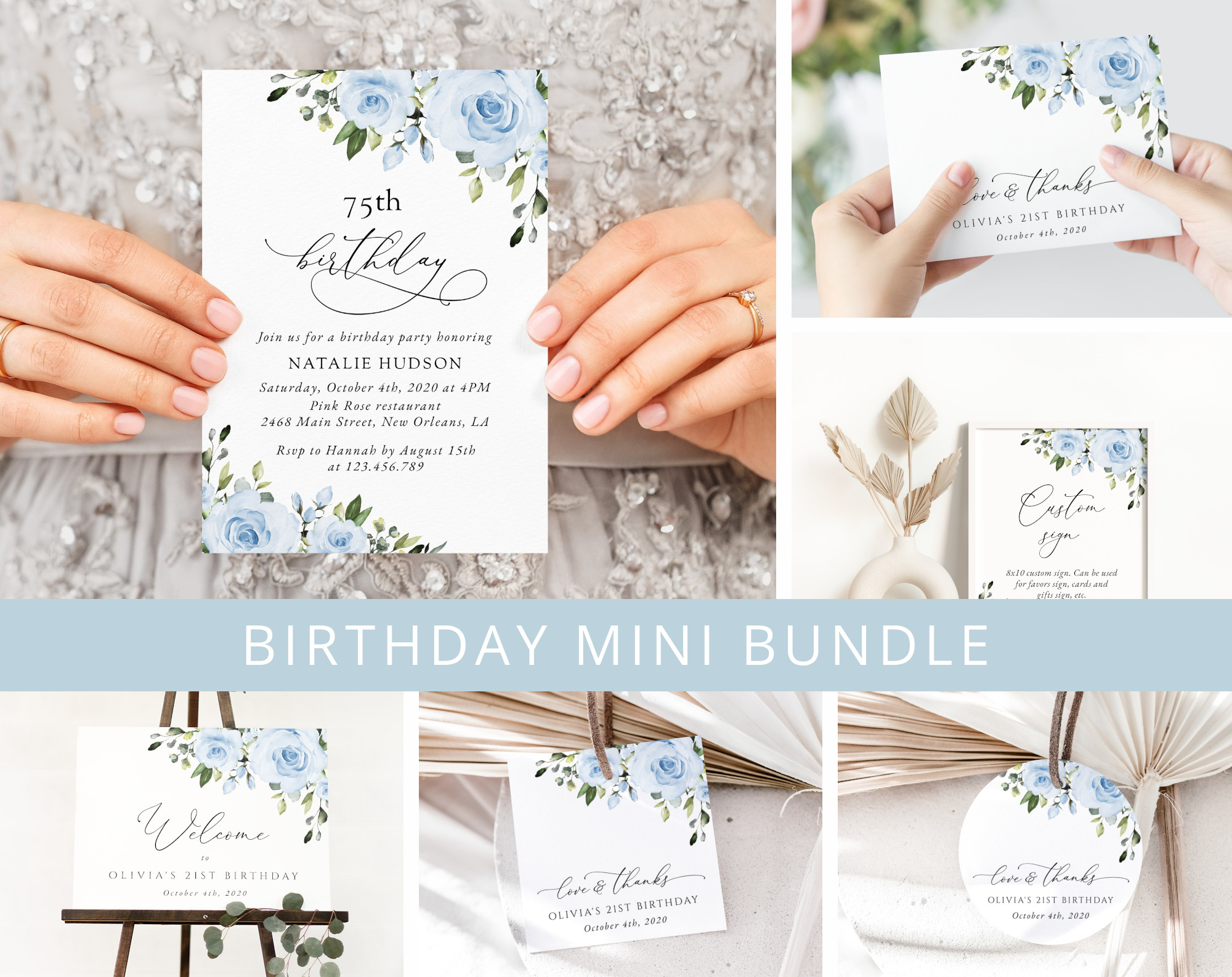 Dusty Blue Flowers Birthday Mini Bundle, Girl Birthday, Any Birthday, Printable File, Edit Yourself, SH92 Dusty Blue Flowers Birthday Mini Bundle, Girl Birthday, Any Birthday, Printable File, Edit Yourself, SH92