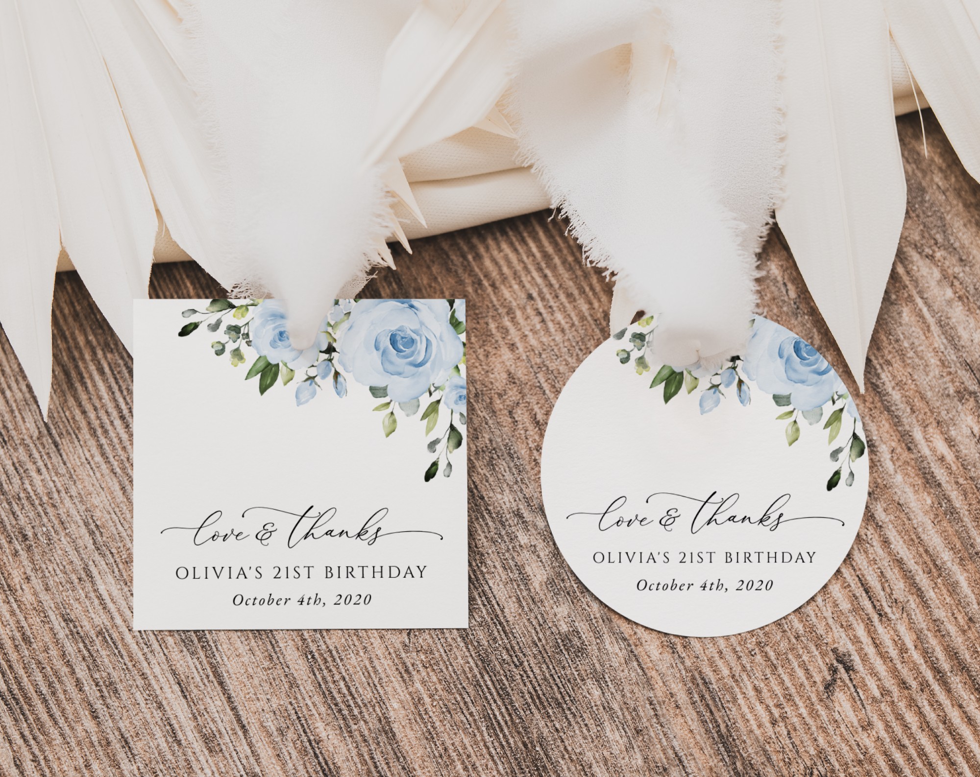Dusty Blue Flowers Favor Tags, Gift Tags, Girl Birthday, Printable File, Edit Yourself, SH92