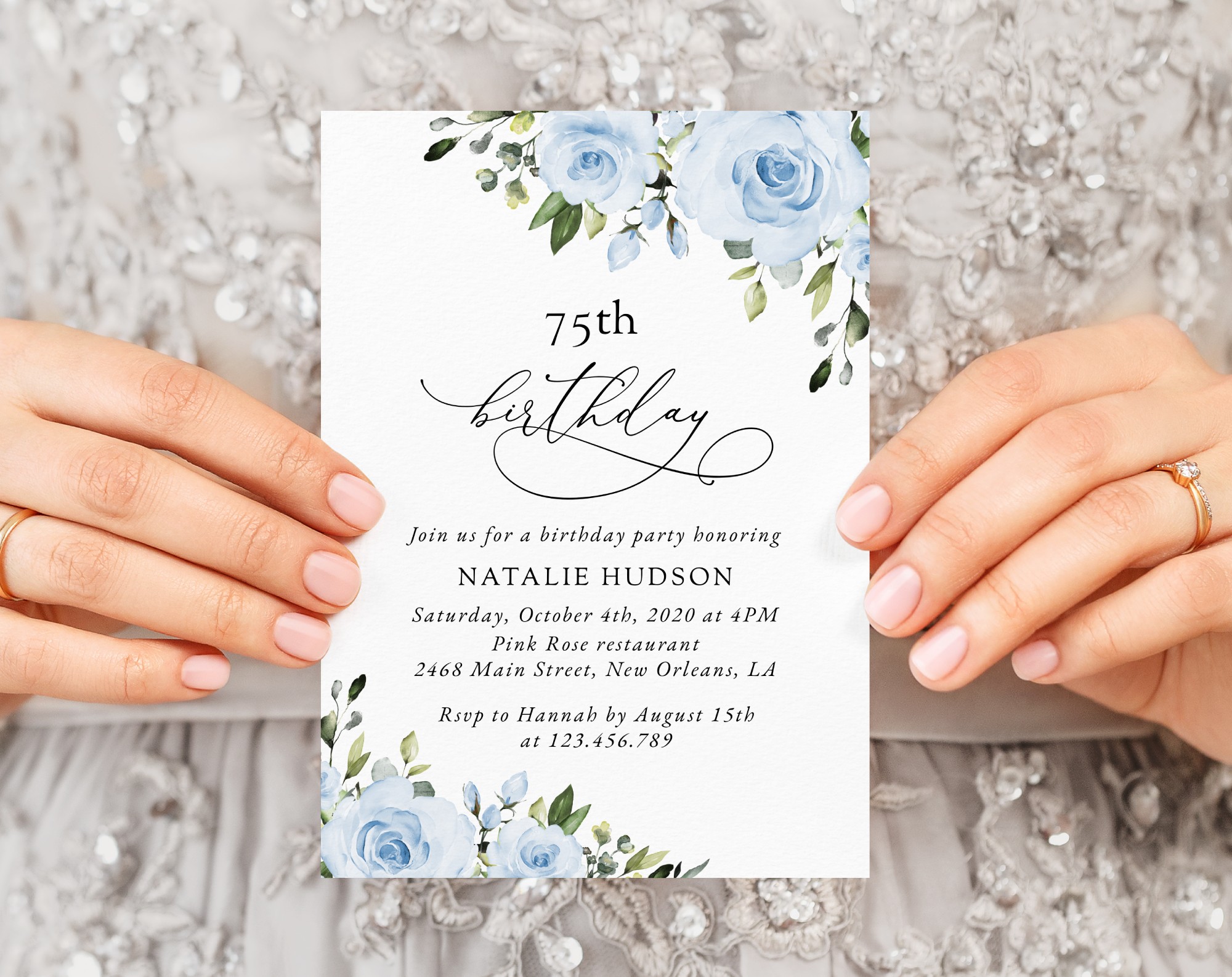 Dusty Blue Flowers Birthday Invitation, Girl Birthday, Any Birthday, Printable File, Edit Yourself, SH92
