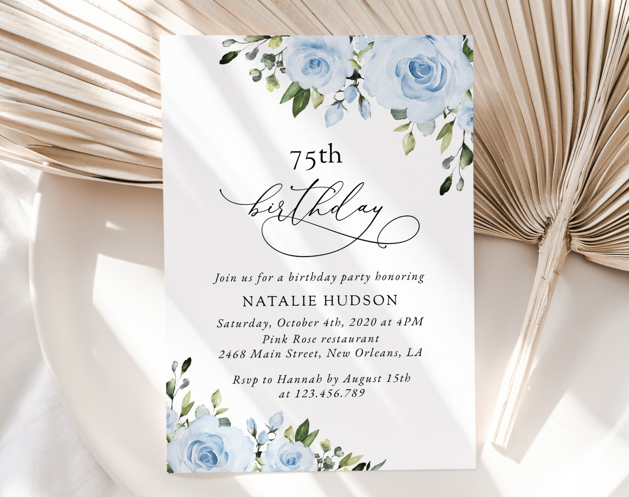 Dusty Blue Flowers Birthday Invitation, Girl Birthday, Any Birthday, Printable File, Edit Yourself, SH92