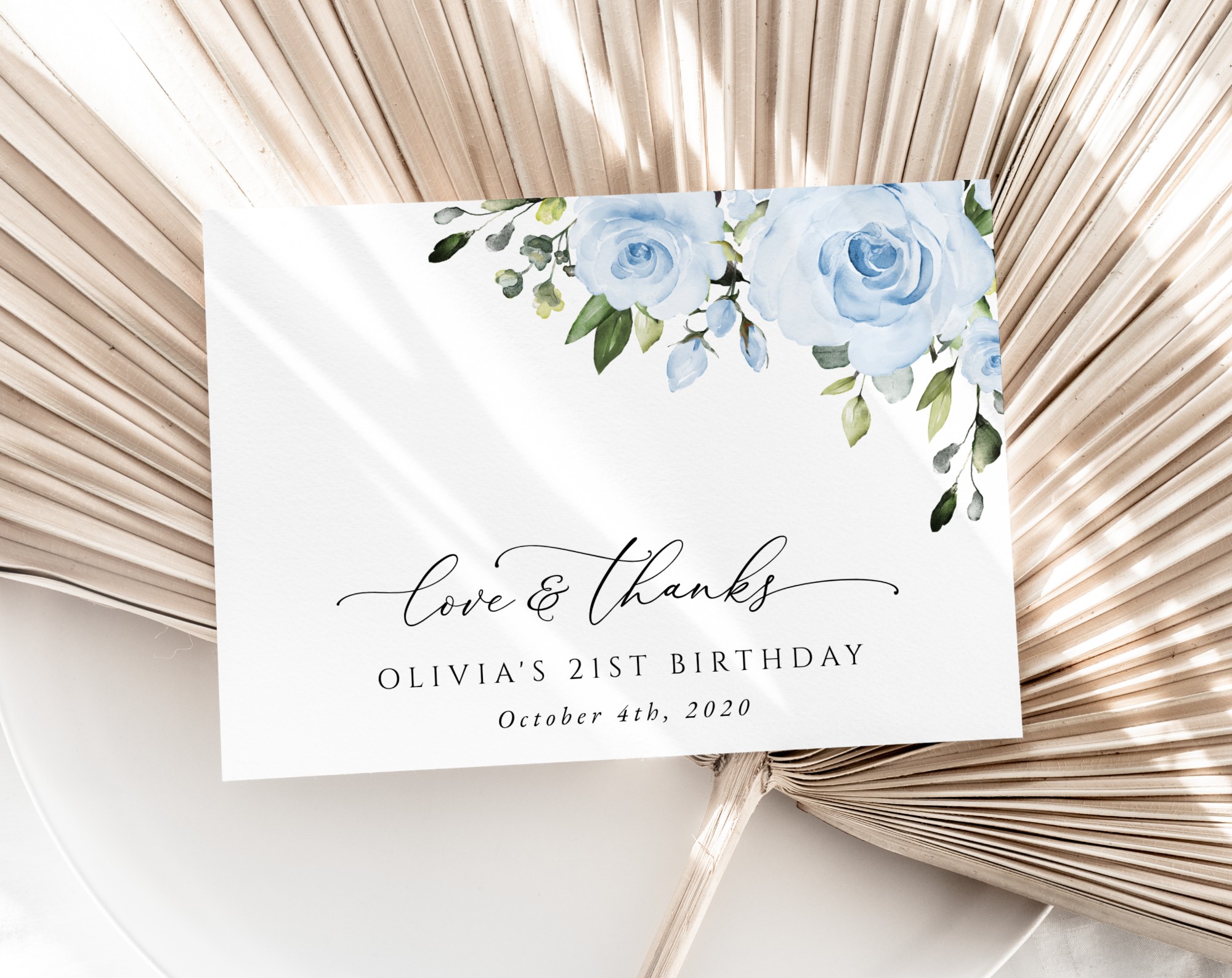 Dusty Blue Flowers Thank You Card, Girl Birthday, Printable File, Edit Yourself, SH92