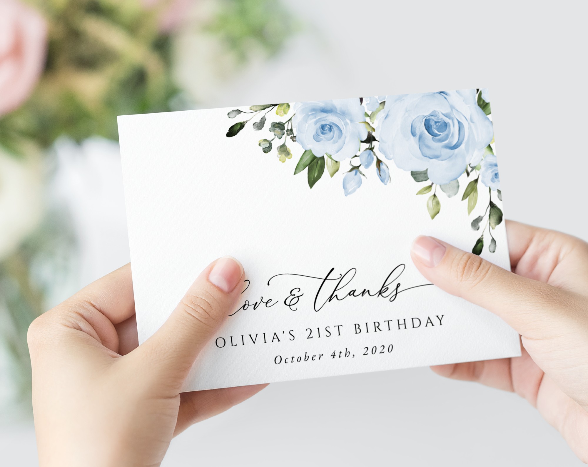 Dusty Blue Flowers Thank You Card, Girl Birthday, Printable File, Edit Yourself, SH92