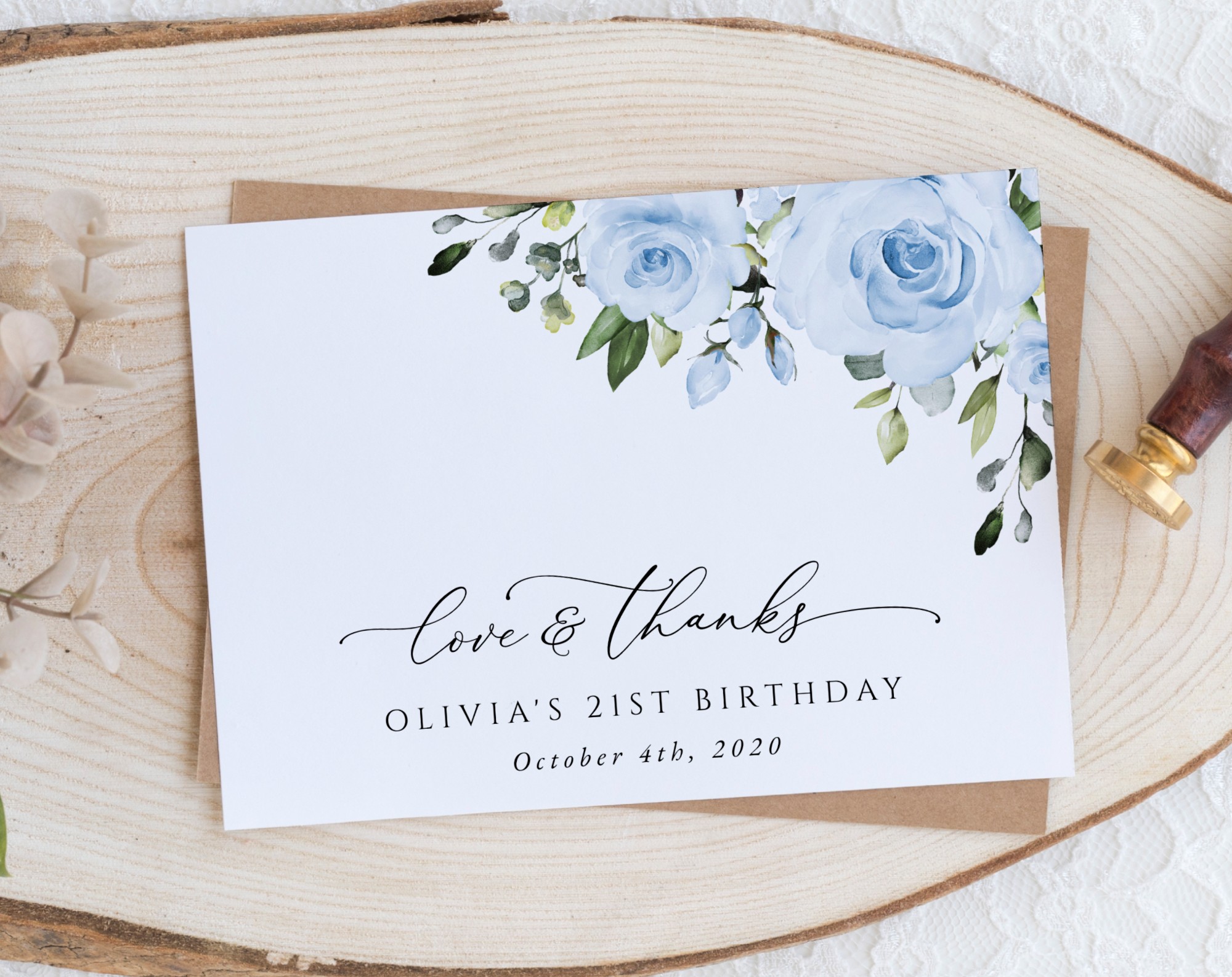 Dusty Blue Flowers Thank You Card, Girl Birthday, Printable File, Edit Yourself, SH92