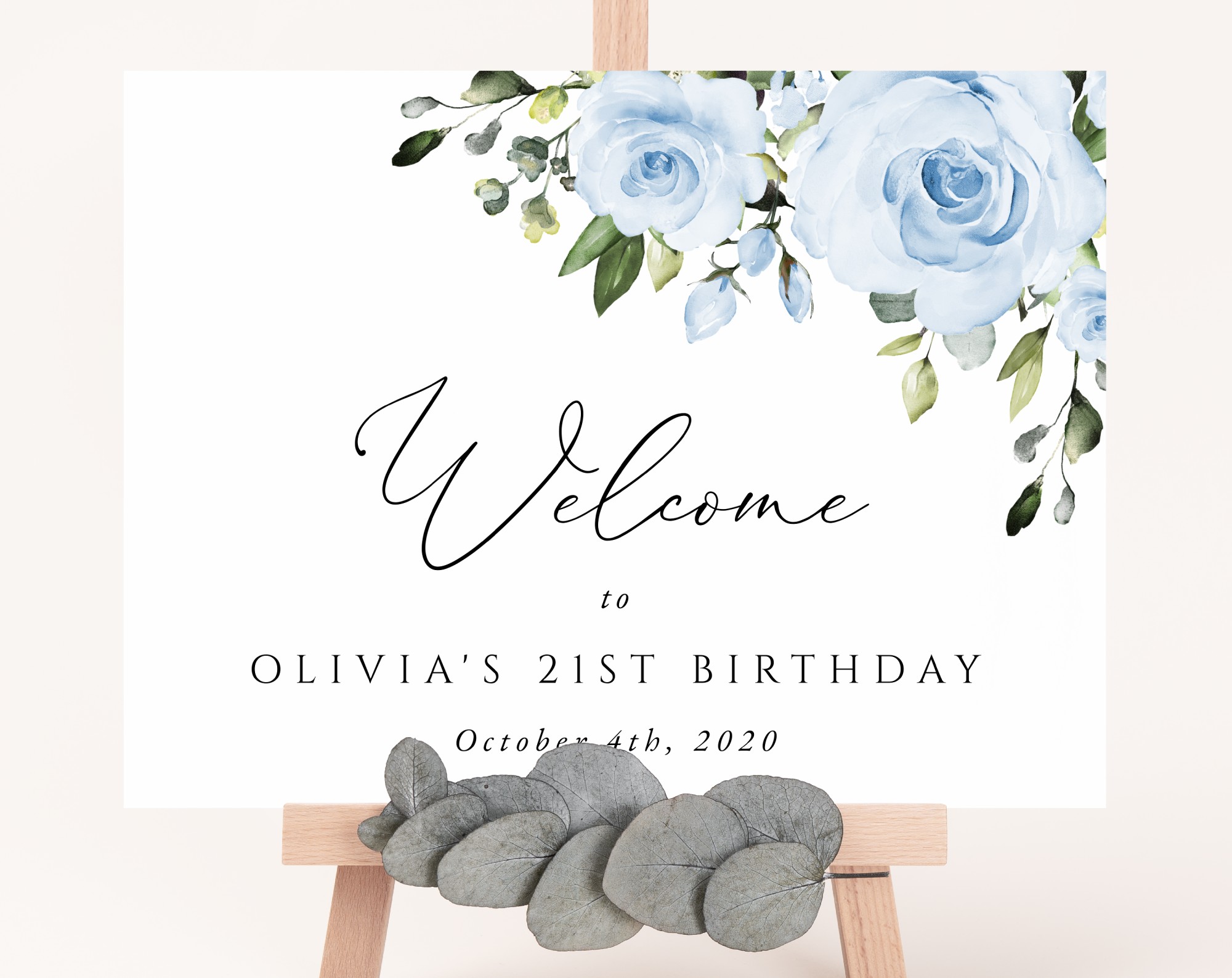 Dusty Blue Flowers Welcome Sign, Birthday Sign, Girl Birthday, Printable File, Edit Yourself, SH92