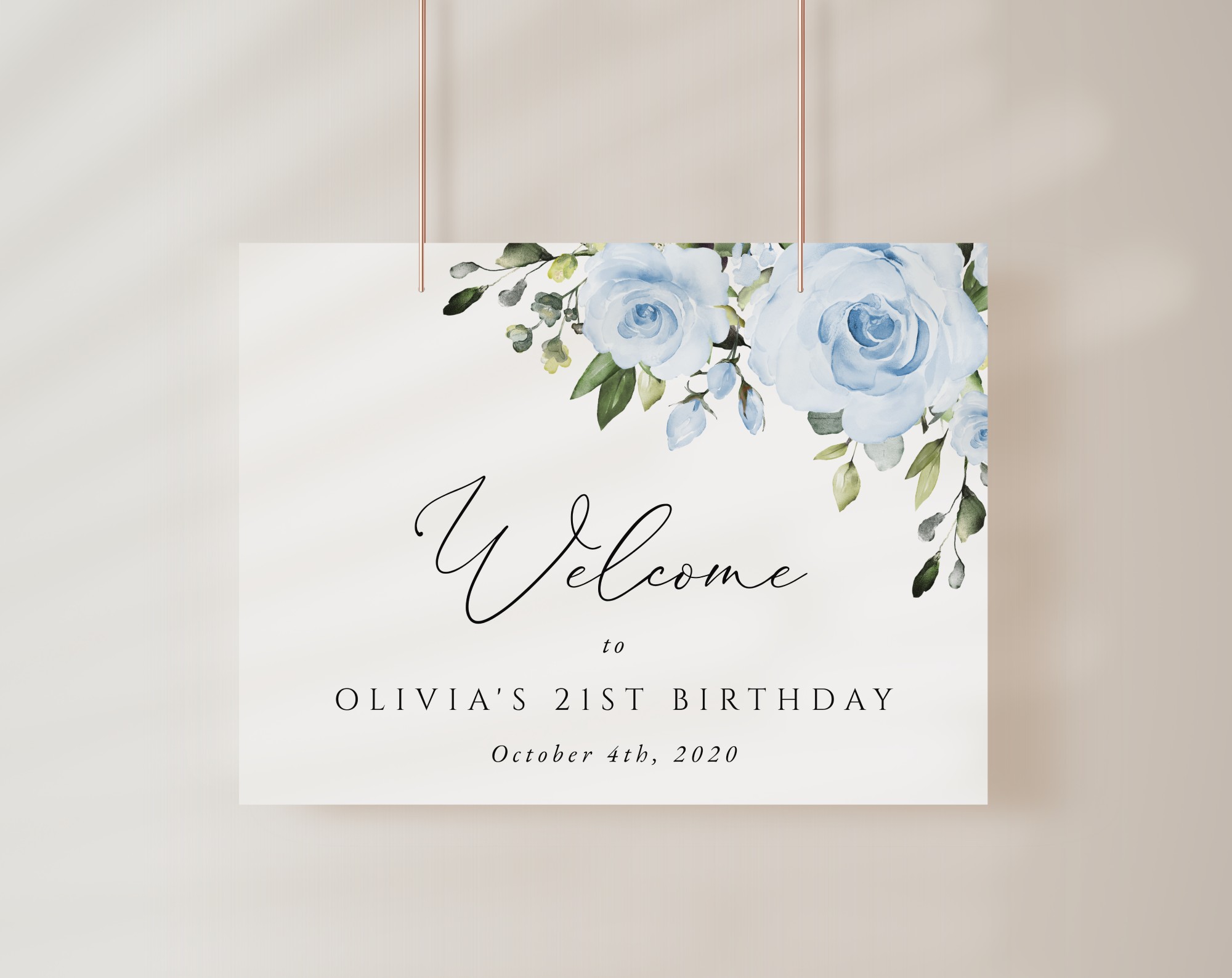 Dusty Blue Flowers Welcome Sign, Birthday Sign, Girl Birthday, Printable File, Edit Yourself, SH92