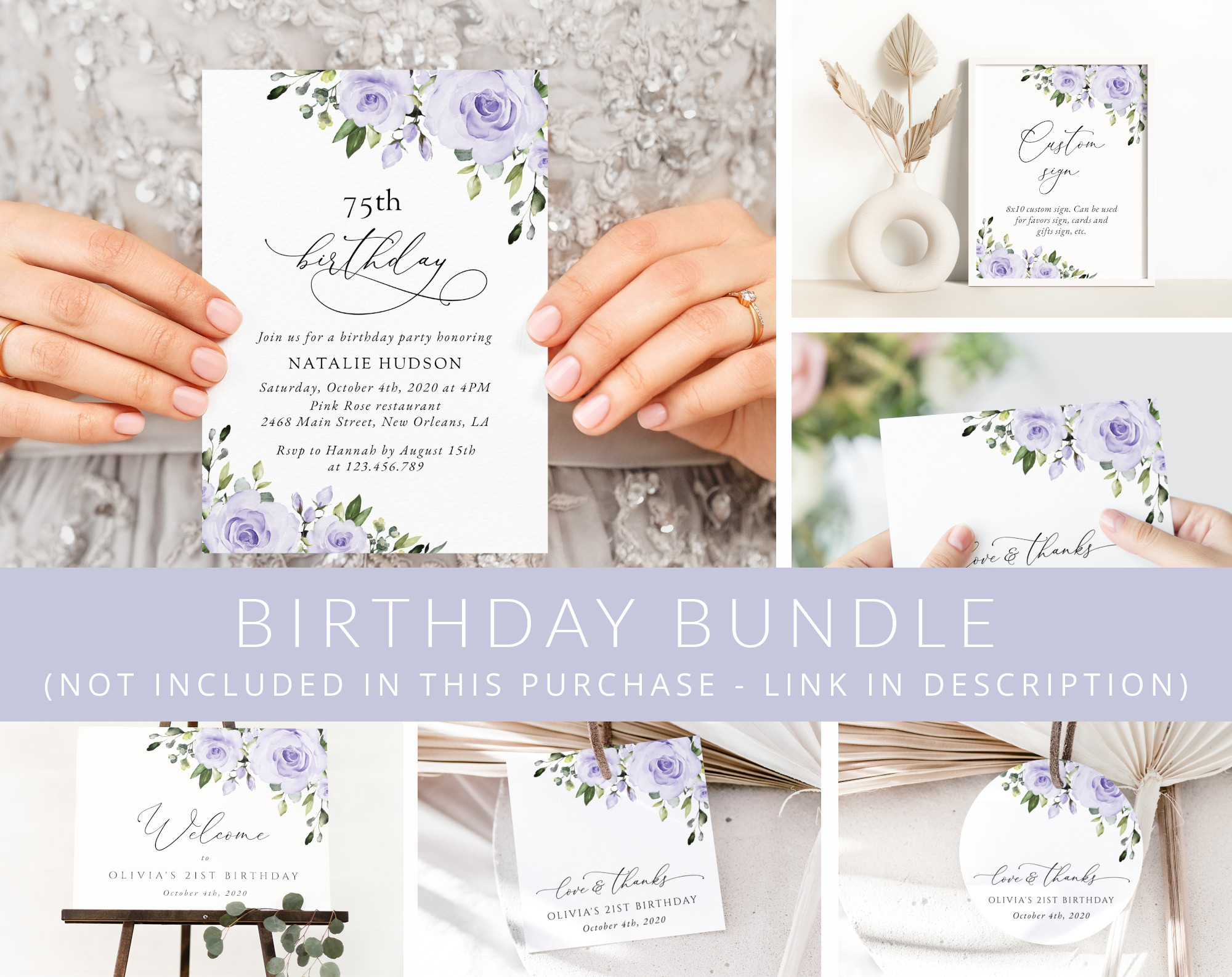 Purple Flowers Birthday Mini Bundle, Girl Birthday, Any Birthday, Printable File, Edit Yourself, SH93