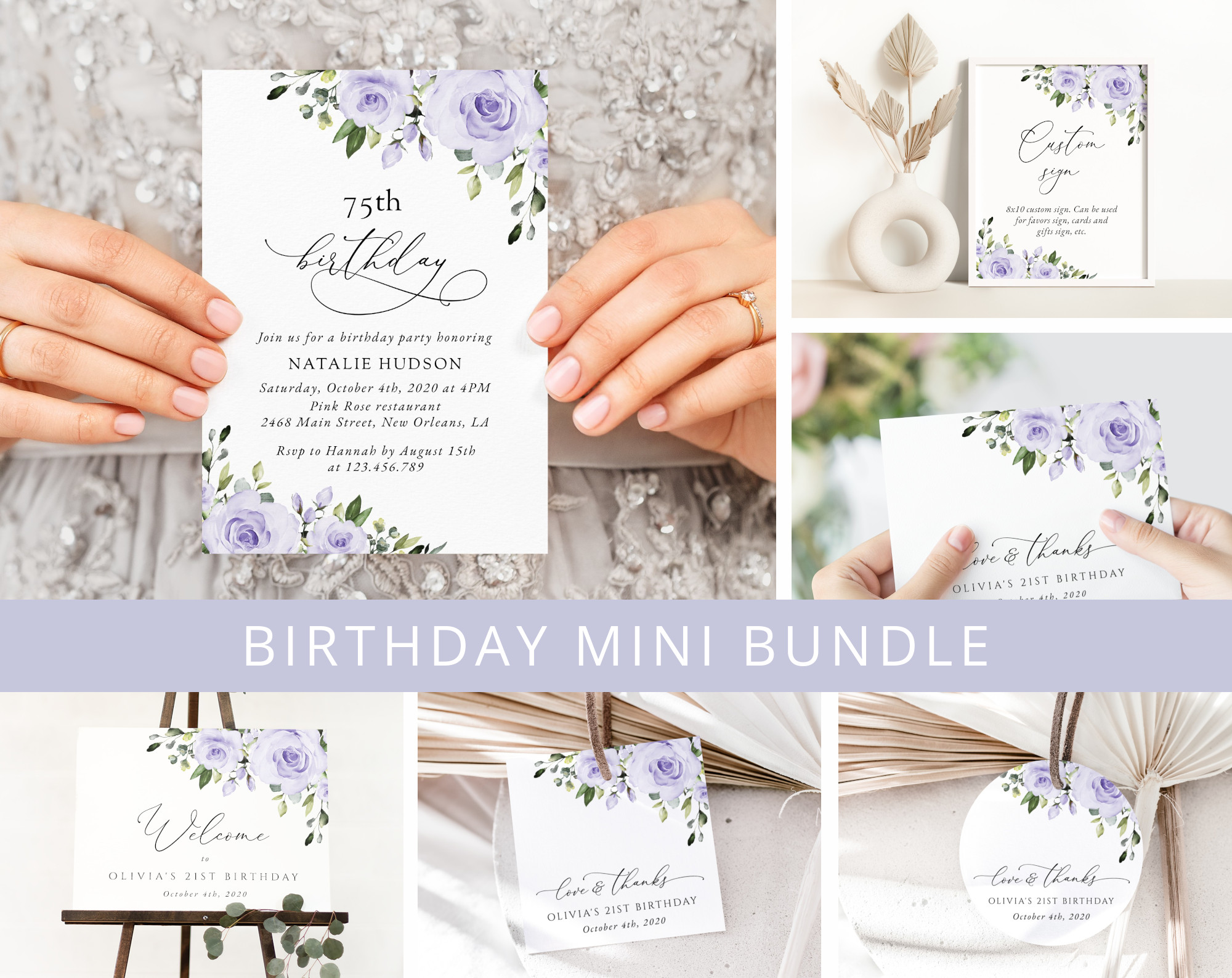 Purple Flowers Birthday Mini Bundle, Girl Birthday, Any Birthday, Printable File, Edit Yourself, SH93