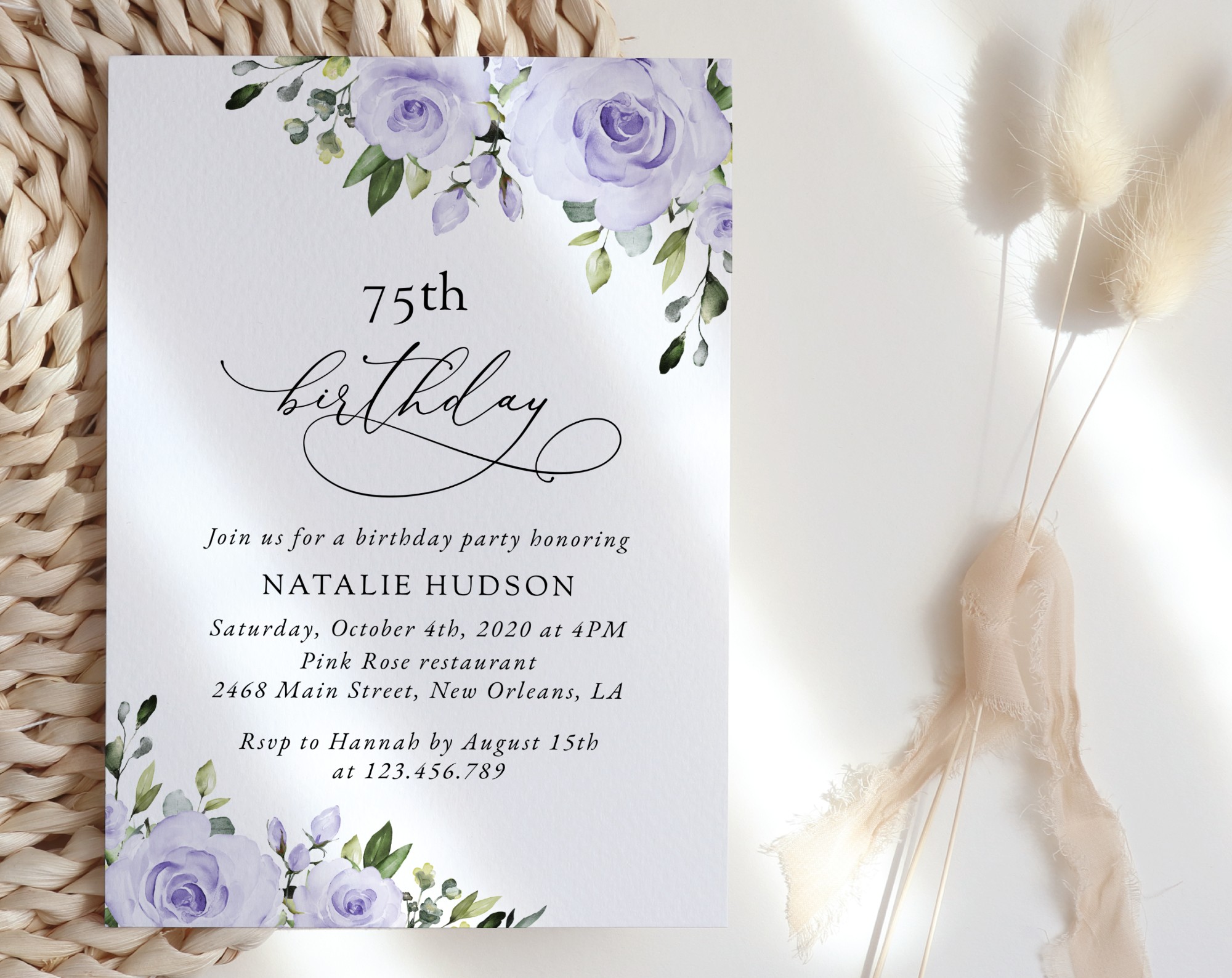 Purple Flowers Birthday Invitation, Girl Birthday, Any Birthday, Printable File, Edit Yourself, SH93