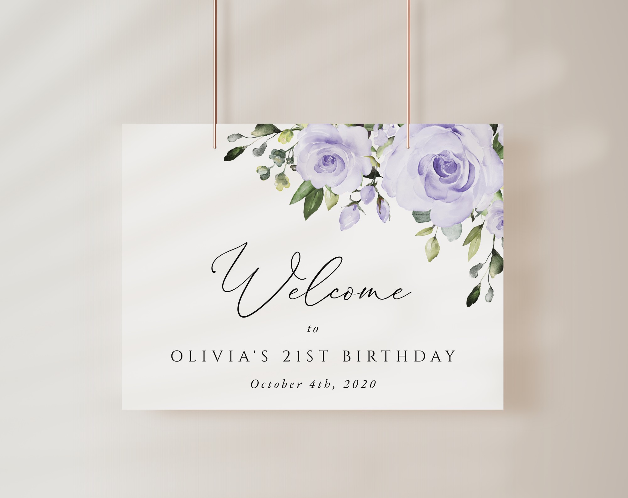 Purple Flowers Welcome Sign, Birthday Sign, Girl Birthday, Printable File, Edit Yourself, SH93