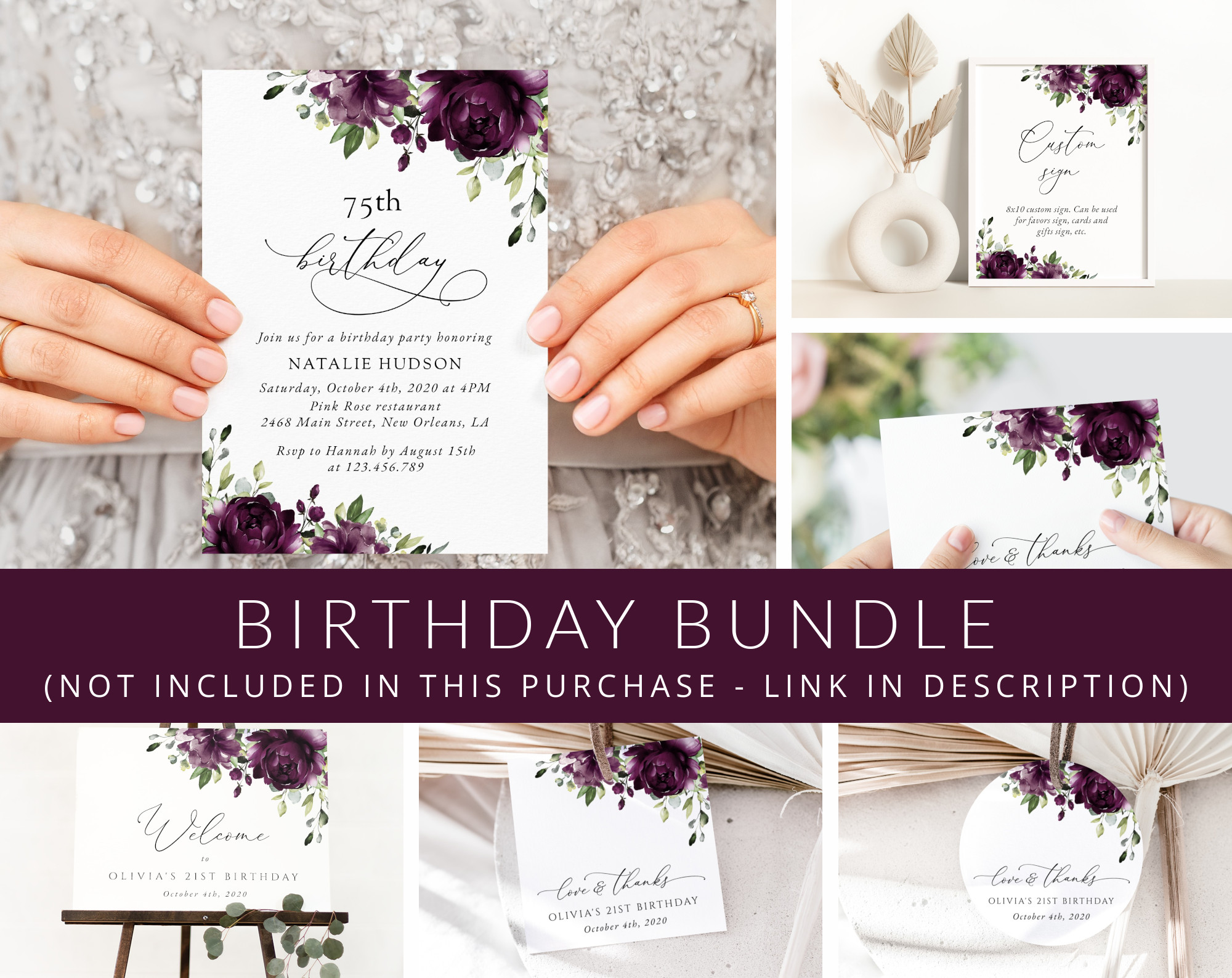 Plum Purple Flowers Birthday Mini Bundle, Girl Birthday, Any Birthday, Printable File, Edit Yourself, SH94