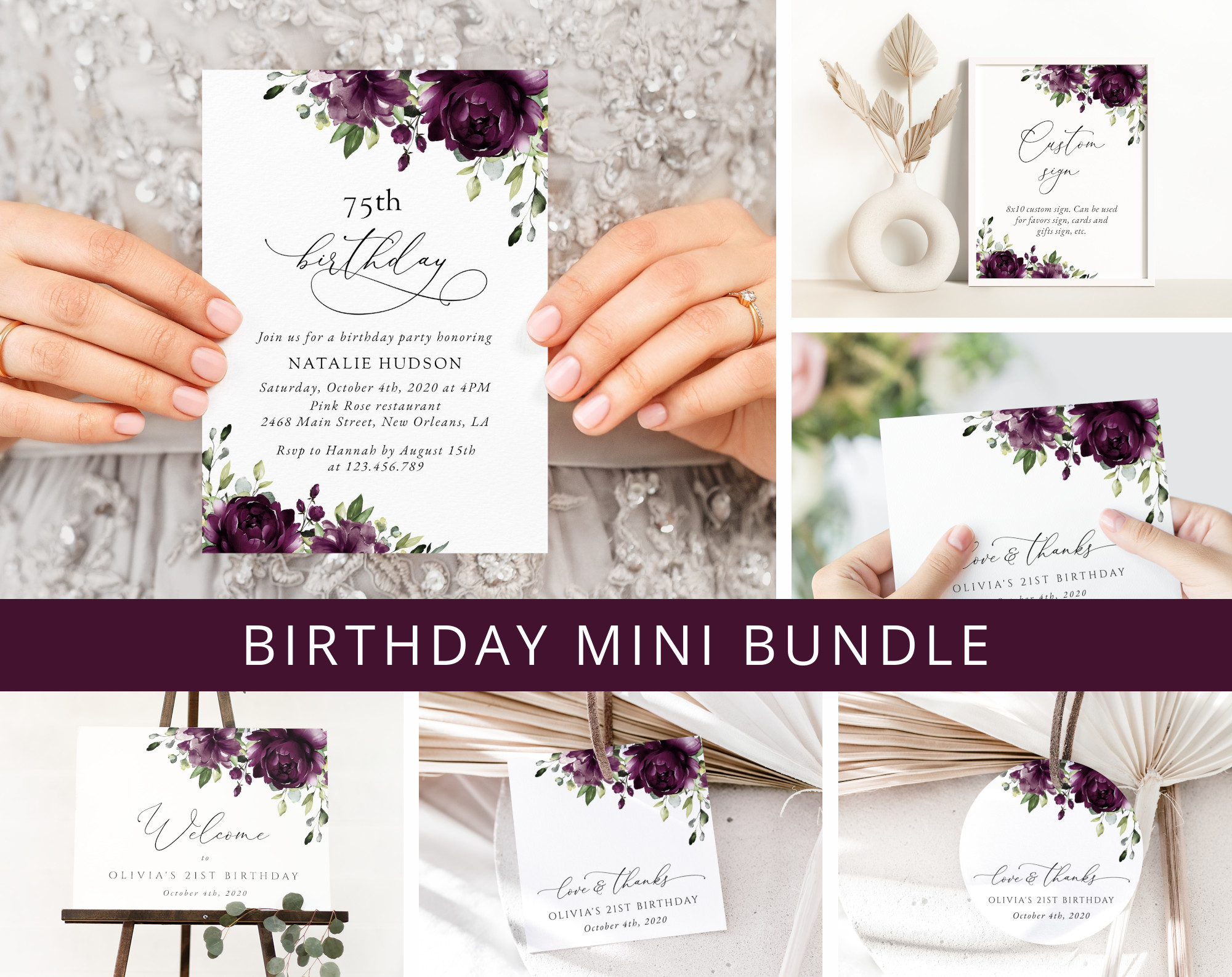 Plum Purple Flowers Birthday Mini Bundle, Girl Birthday, Any Birthday, Printable File, Edit Yourself, SH94