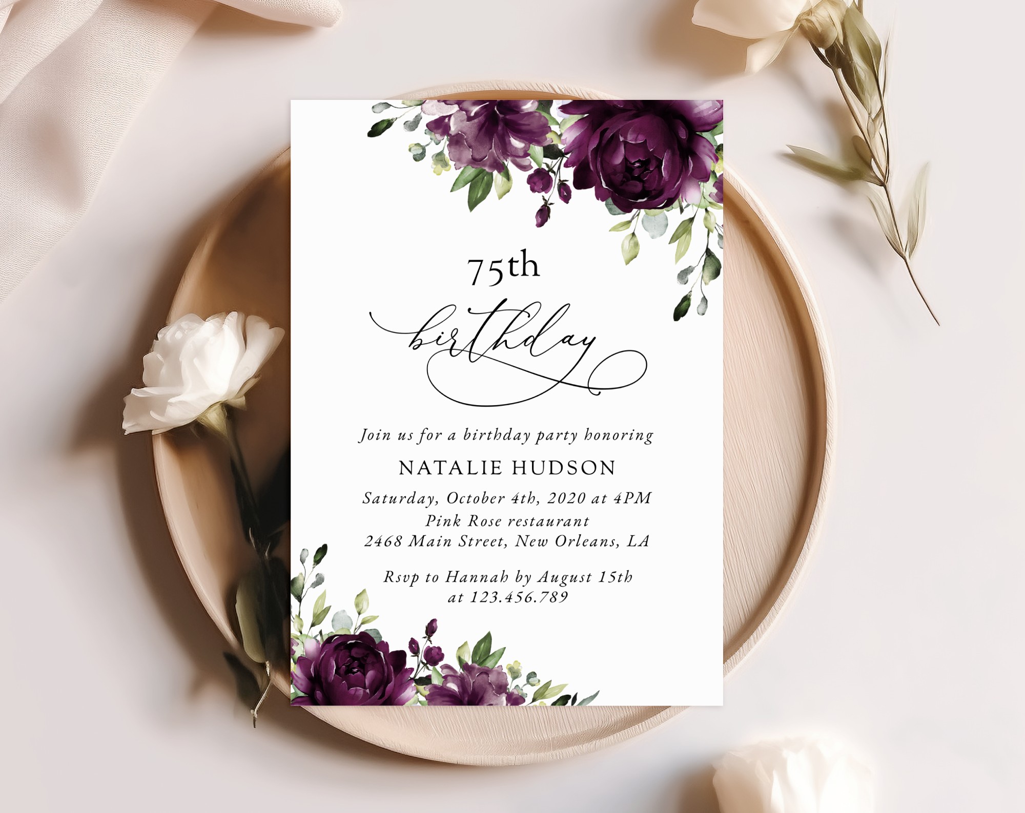Plum Purple Flowers Birthday Invitation, Girl Birthday, Any Birthday, Printable File, Edit Yourself, SH94