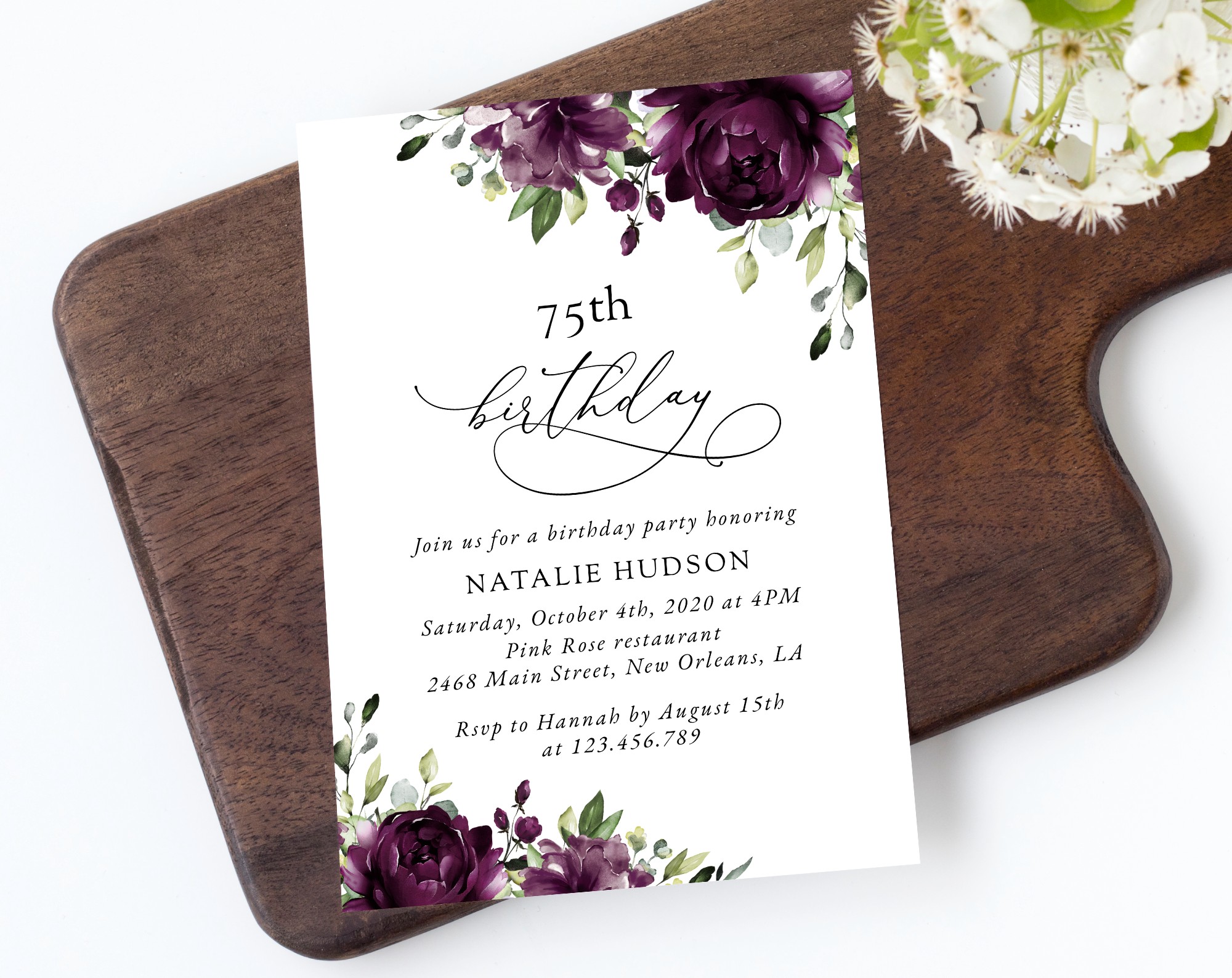 Plum Purple Flowers Birthday Invitation, Girl Birthday, Any Birthday, Printable File, Edit Yourself, SH94