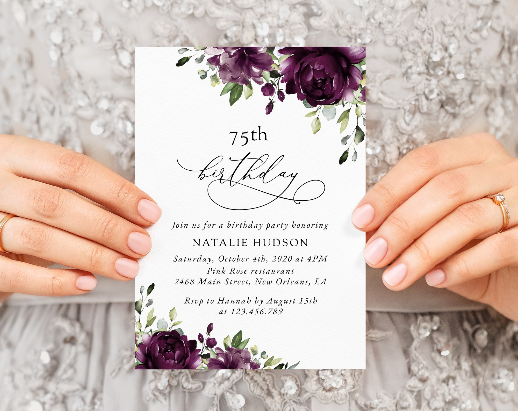 Plum Purple Flowers Birthday Invitation, Girl Birthday, Any Birthday, Printable File, Edit Yourself, SH94