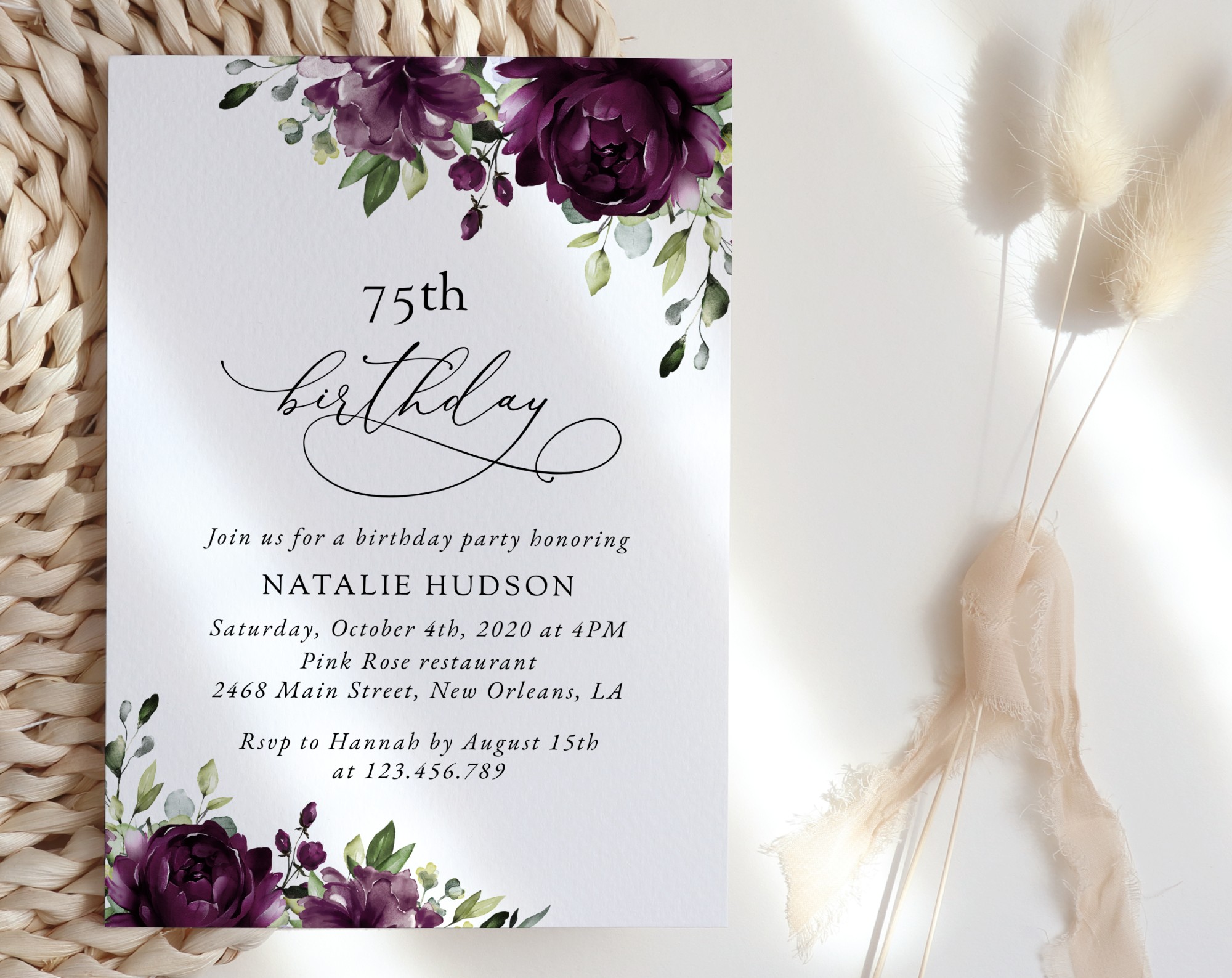 Plum Purple Flowers Birthday Invitation, Girl Birthday, Any Birthday, Printable File, Edit Yourself, SH94