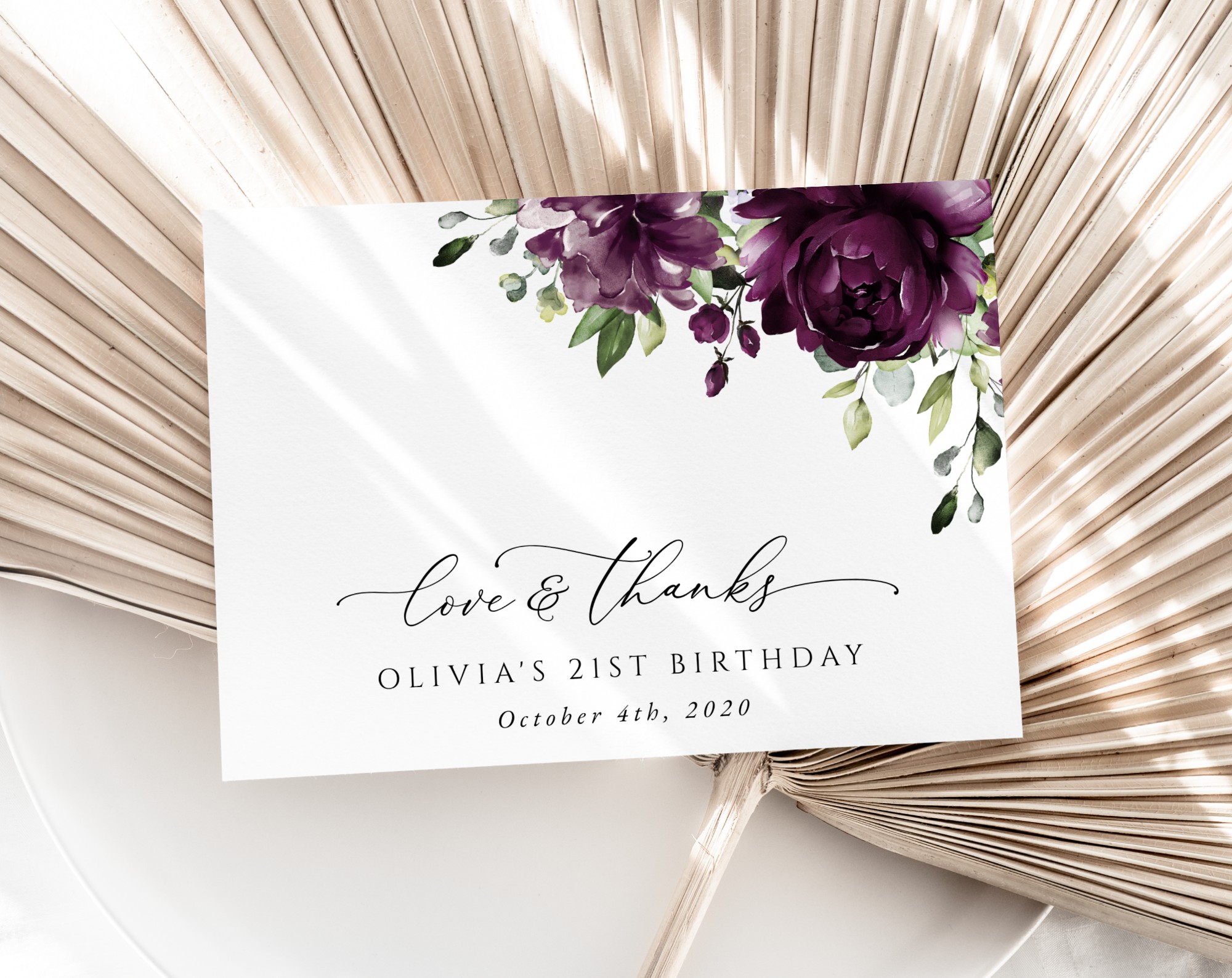 Plum Purple Flowers Thank You Card, Girl Birthday, Printable File, Edit Yourself, SH94