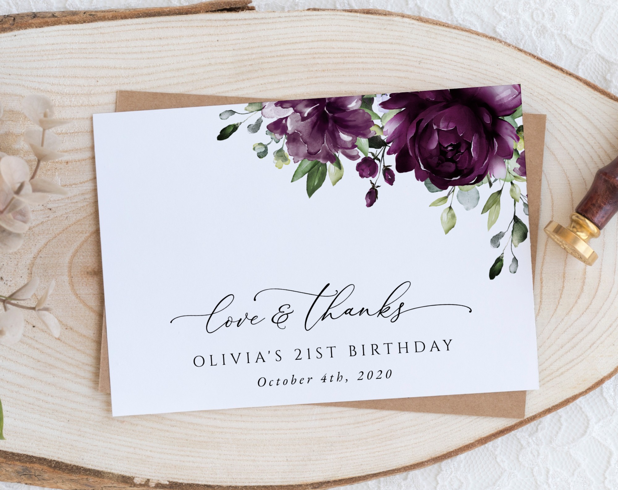 Plum Purple Flowers Thank You Card, Girl Birthday, Printable File, Edit Yourself, SH94
