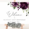 Plum Purple Flowers Welcome Sign, Birthday Sign, Girl Birthday, Printable File, Edit Yourself, SH94