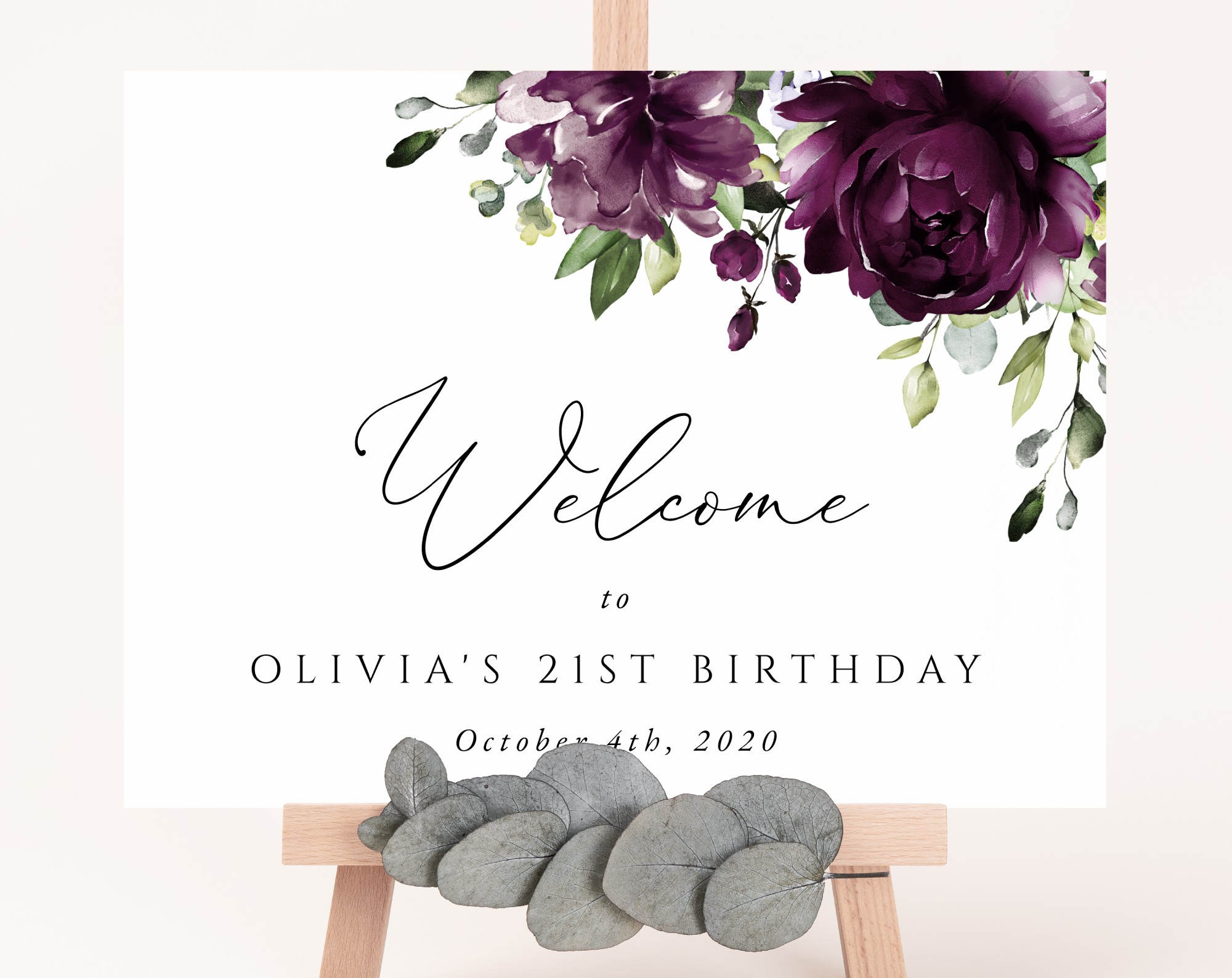 Plum Purple Flowers Welcome Sign, Birthday Sign, Girl Birthday, Printable File, Edit Yourself, SH94