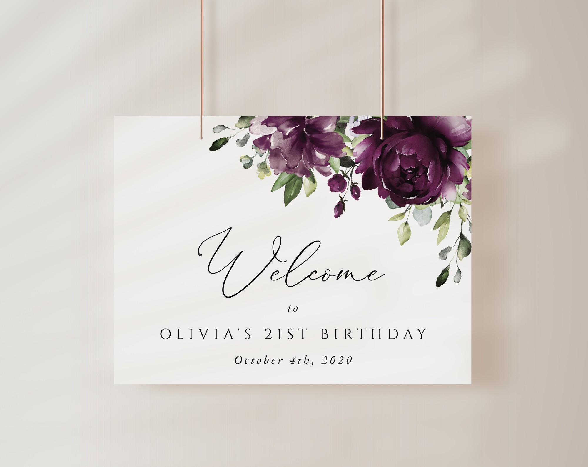 Plum Purple Flowers Welcome Sign, Birthday Sign, Girl Birthday, Printable File, Edit Yourself, SH94