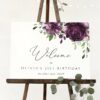 Plum Purple Flowers Welcome Sign, Birthday Sign, Girl Birthday, Printable File, Edit Yourself, SH94