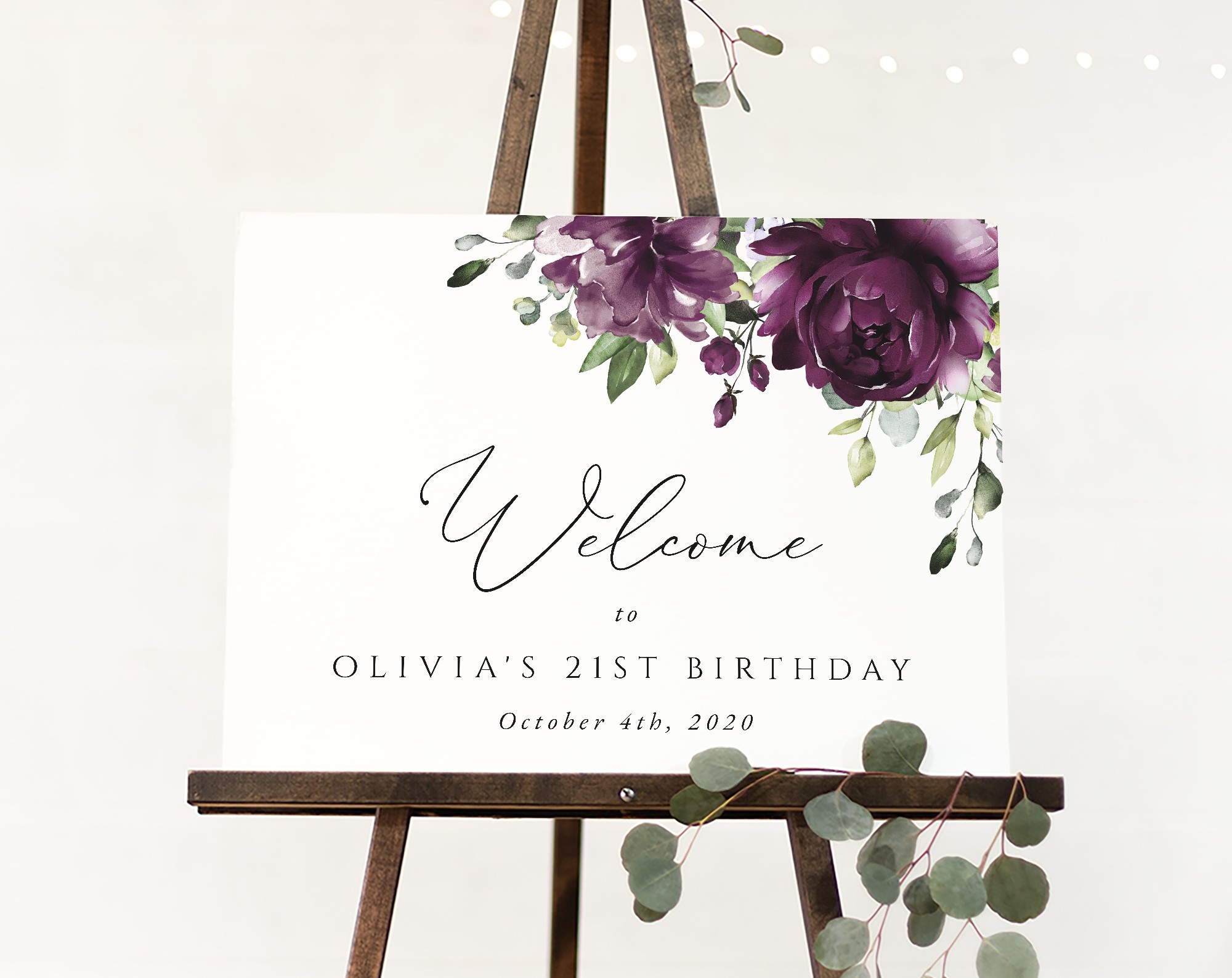 Plum Purple Flowers Welcome Sign, Birthday Sign, Girl Birthday, Printable File, Edit Yourself, SH94