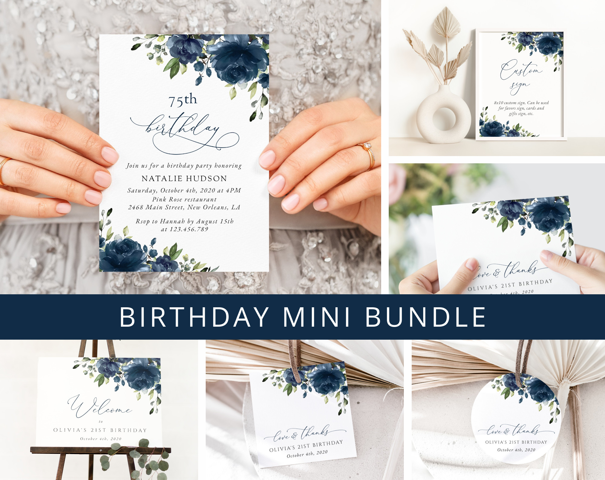 Navy Blue Flowers Birthday Mini Bundle, Girl Birthday, Any Birthday, Printable File, Edit Yourself, SH95