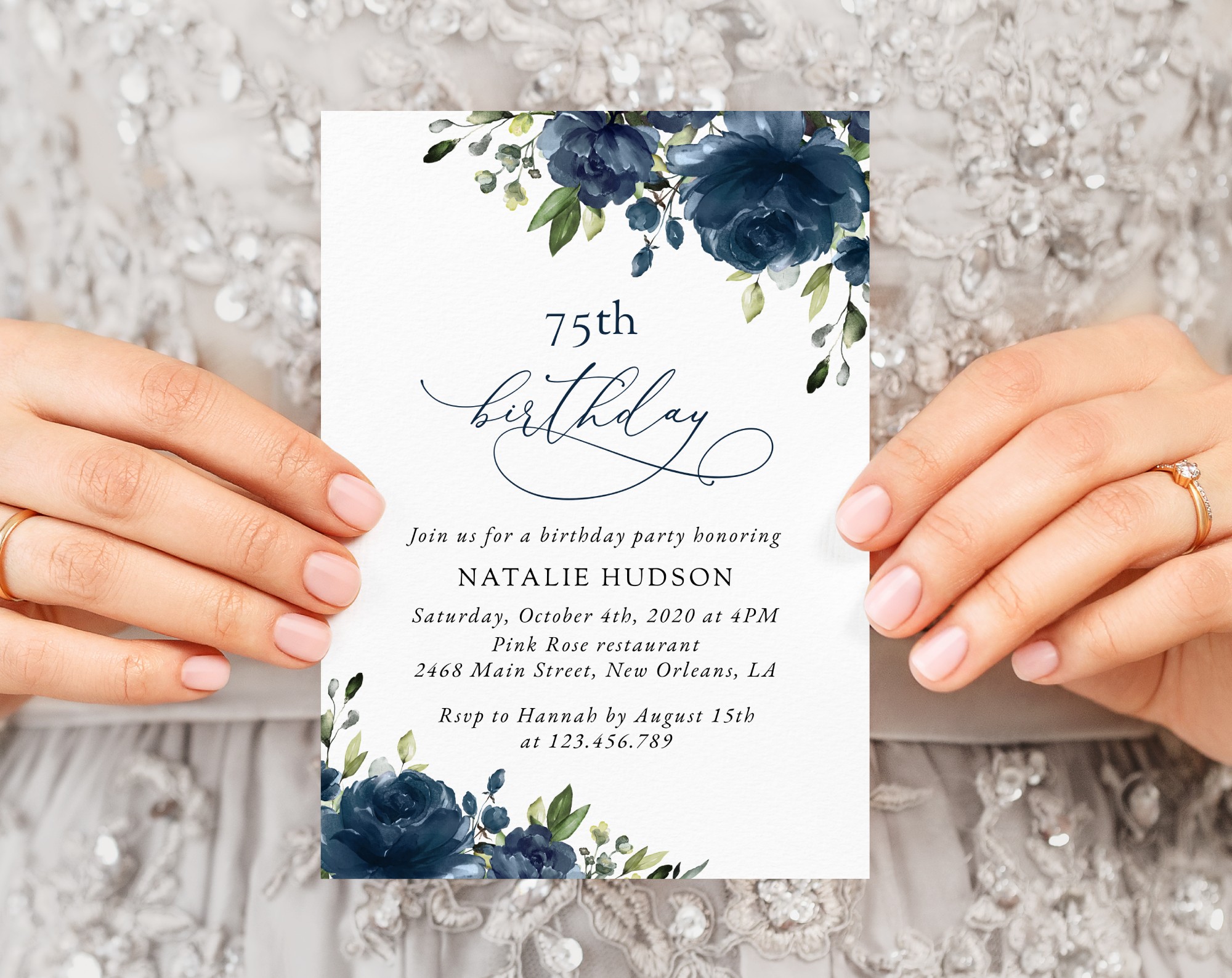 Navy Blue Flowers Birthday Invitation, Girl Birthday, Any Birthday, Printable File, Edit Yourself, SH95