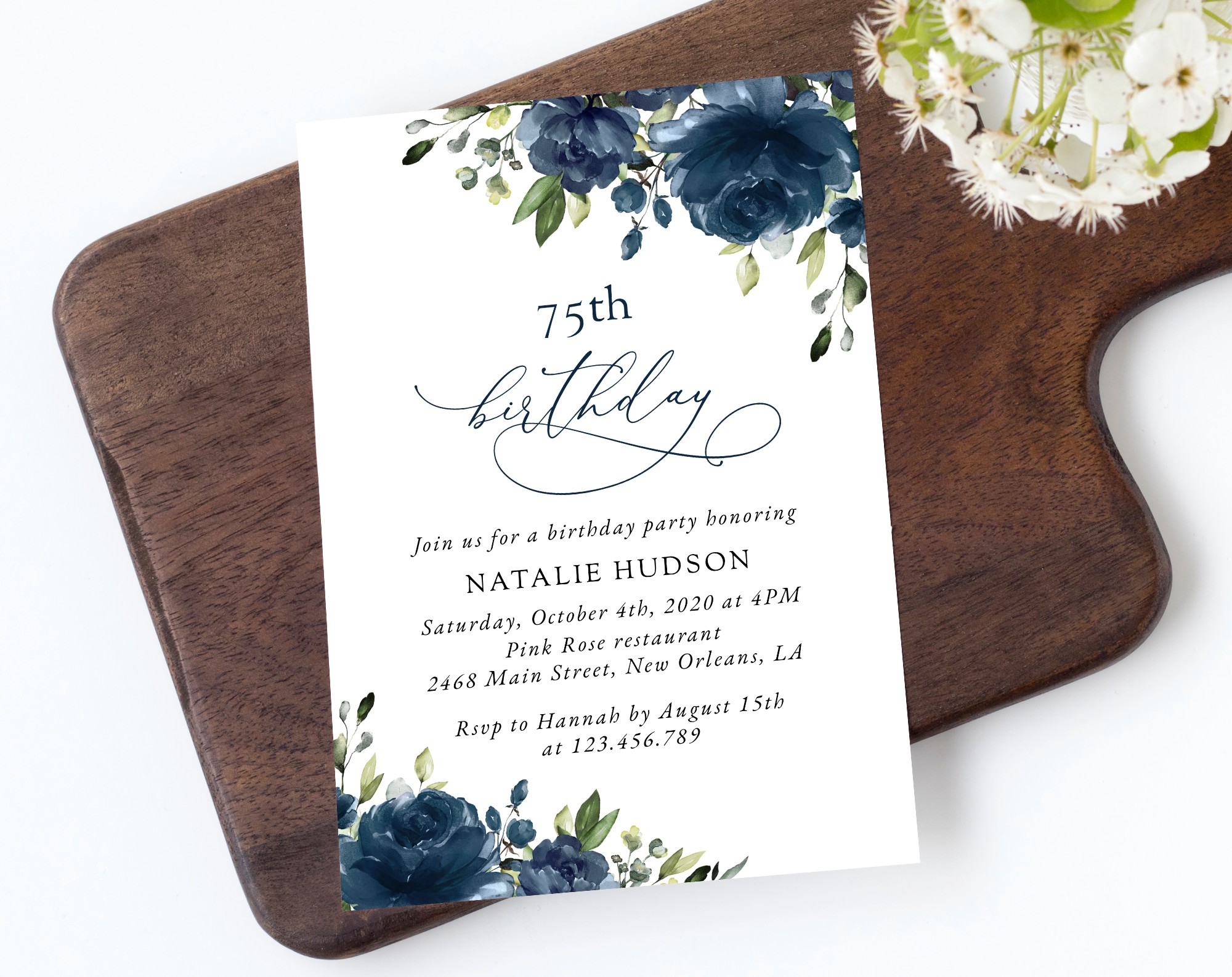 Navy Blue Flowers Birthday Invitation, Girl Birthday, Any Birthday, Printable File, Edit Yourself, SH95