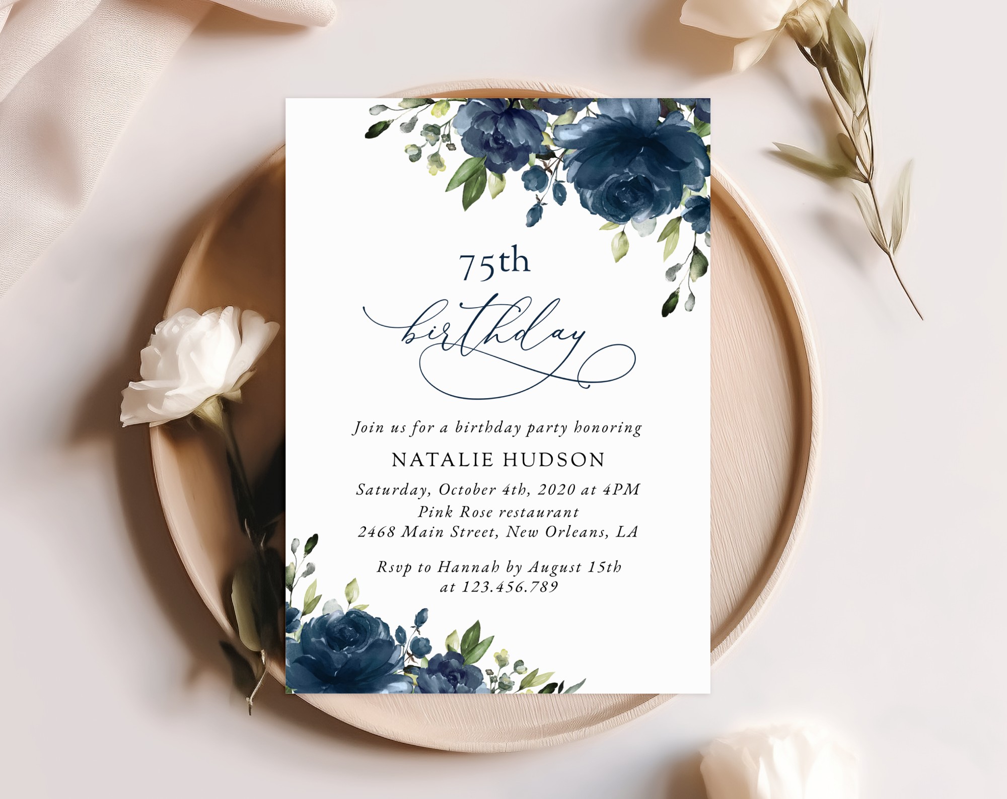 Navy Blue Flowers Birthday Invitation, Girl Birthday, Any Birthday, Printable File, Edit Yourself, SH95