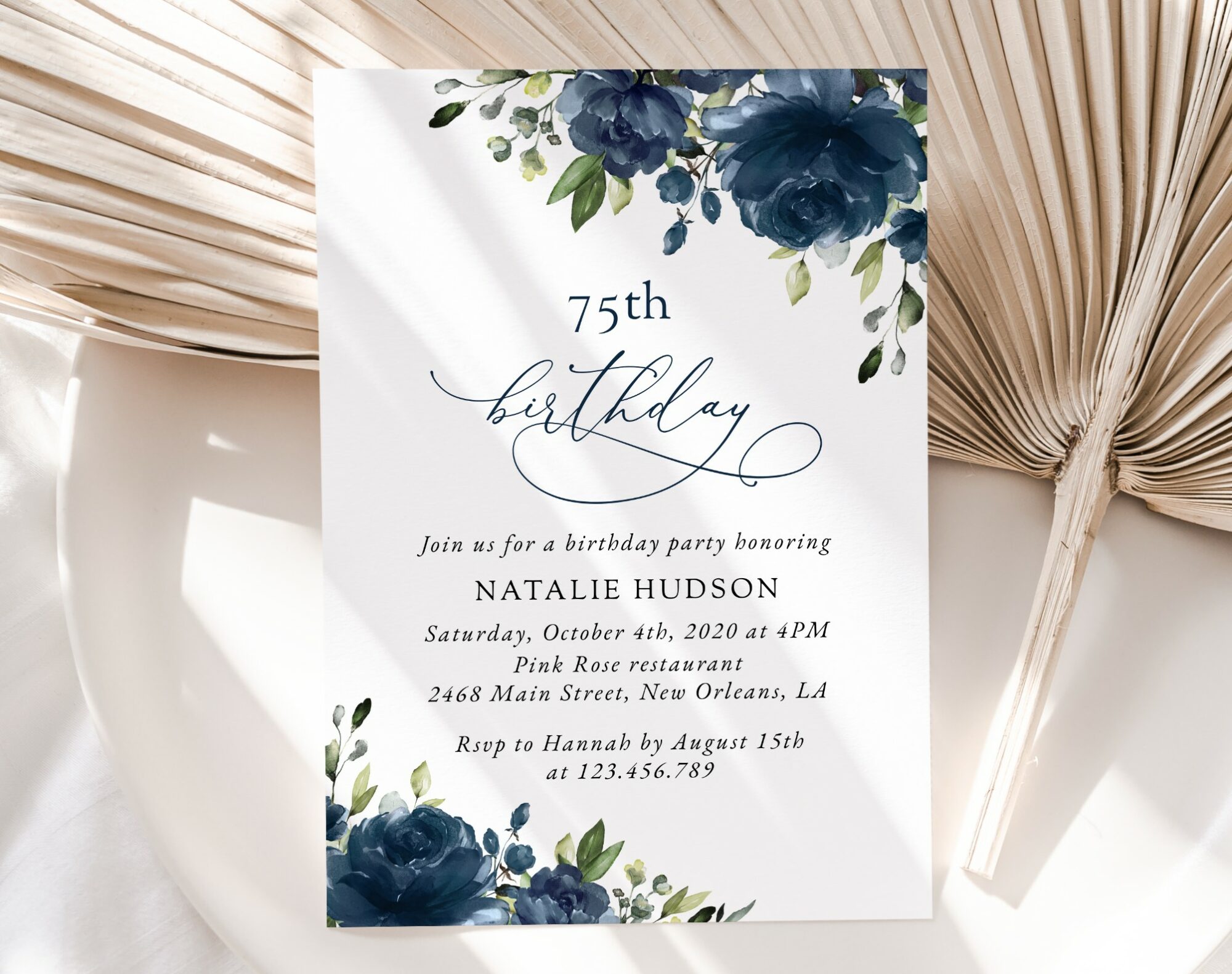 Navy Blue Flowers Birthday Invitation, Girl Birthday, Any Birthday, Printable File, Edit Yourself, SH95