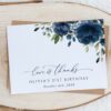 Navy Blue Flowers Thank You Card, Girl Birthday, Printable File, Edit Yourself, SH95