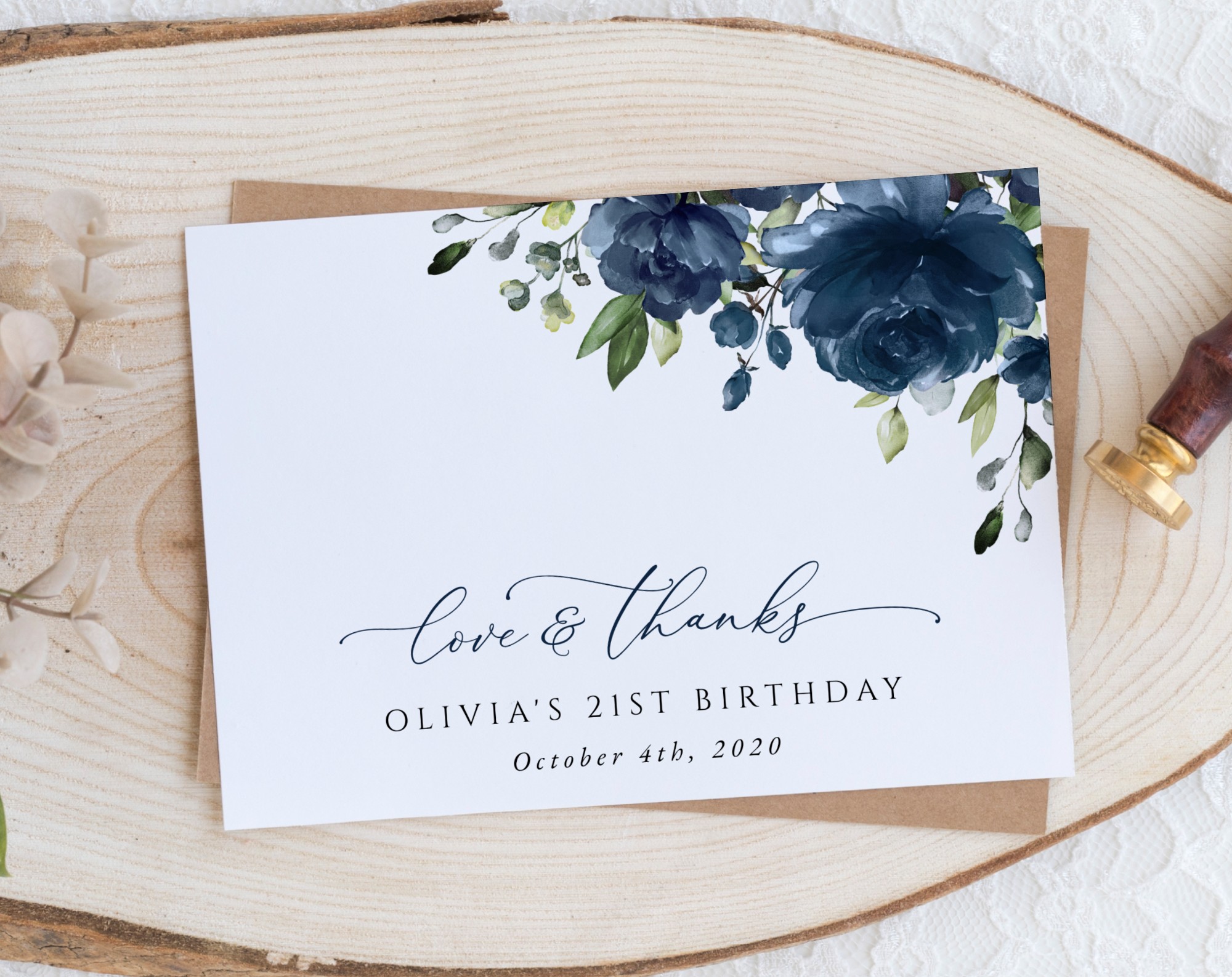 Navy Blue Flowers Thank You Card, Girl Birthday, Printable File, Edit Yourself, SH95