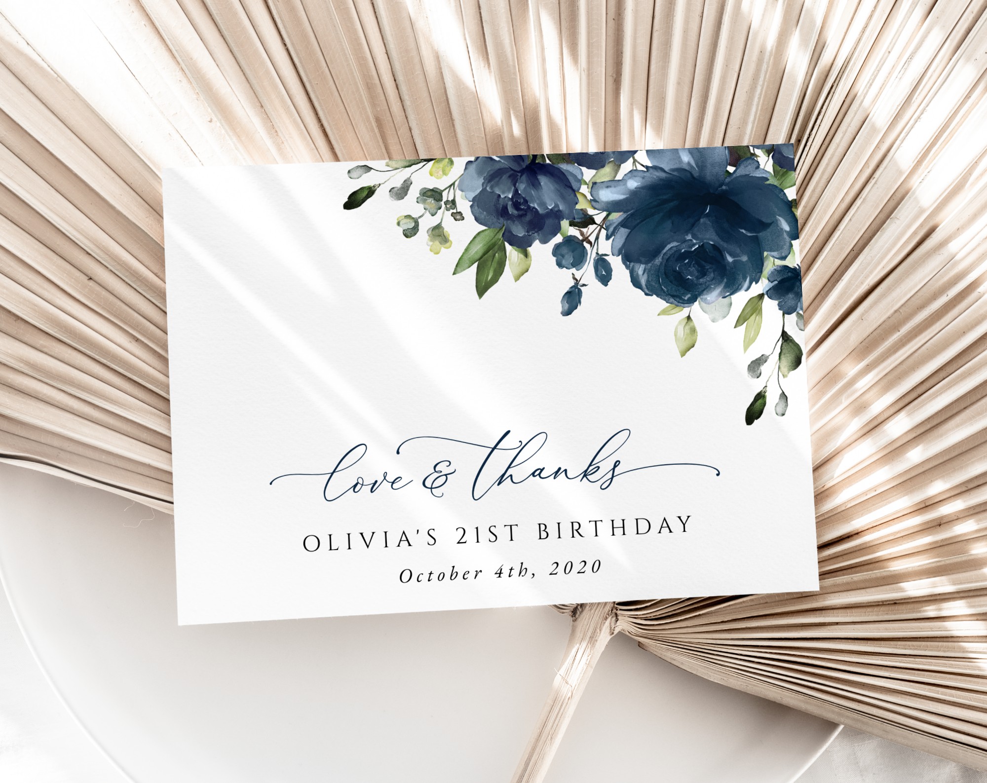 Navy Blue Flowers Thank You Card, Girl Birthday, Printable File, Edit Yourself, SH95