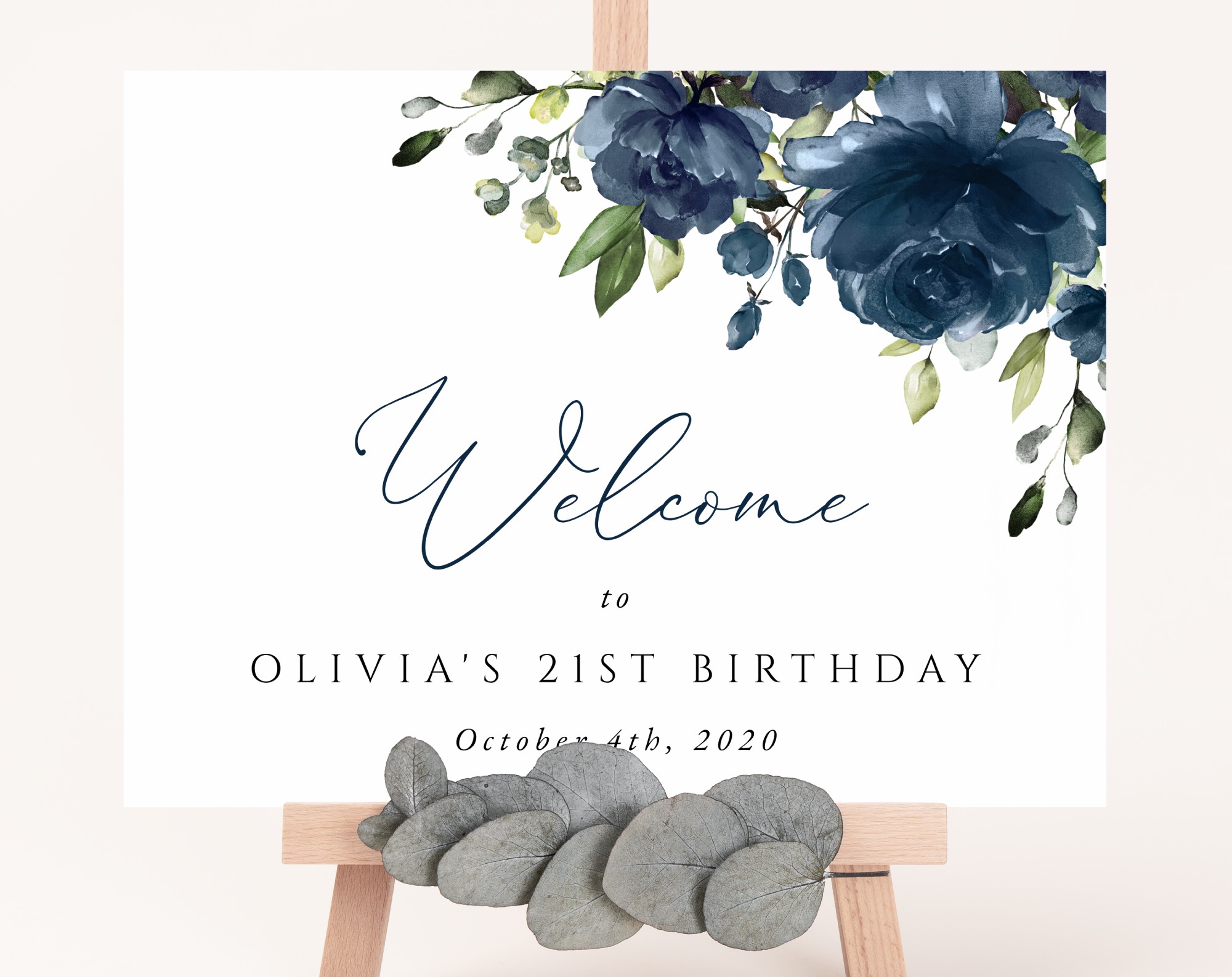 Navy Blue Flowers Welcome Sign, Birthday Sign, Girl Birthday, Printable File, Edit Yourself, SH95
