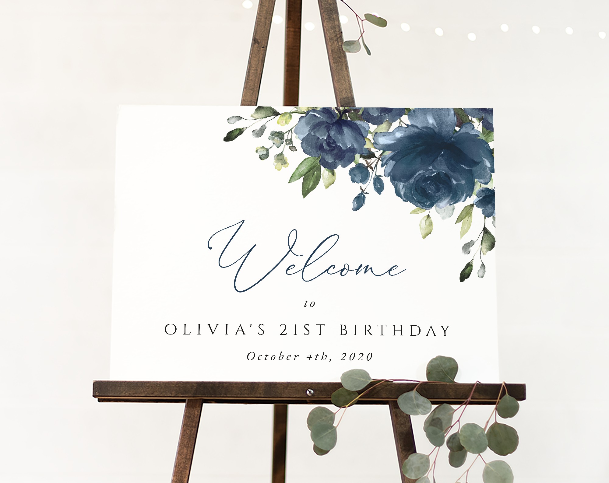 Navy Blue Flowers Welcome Sign, Birthday Sign, Girl Birthday, Printable File, Edit Yourself, SH95