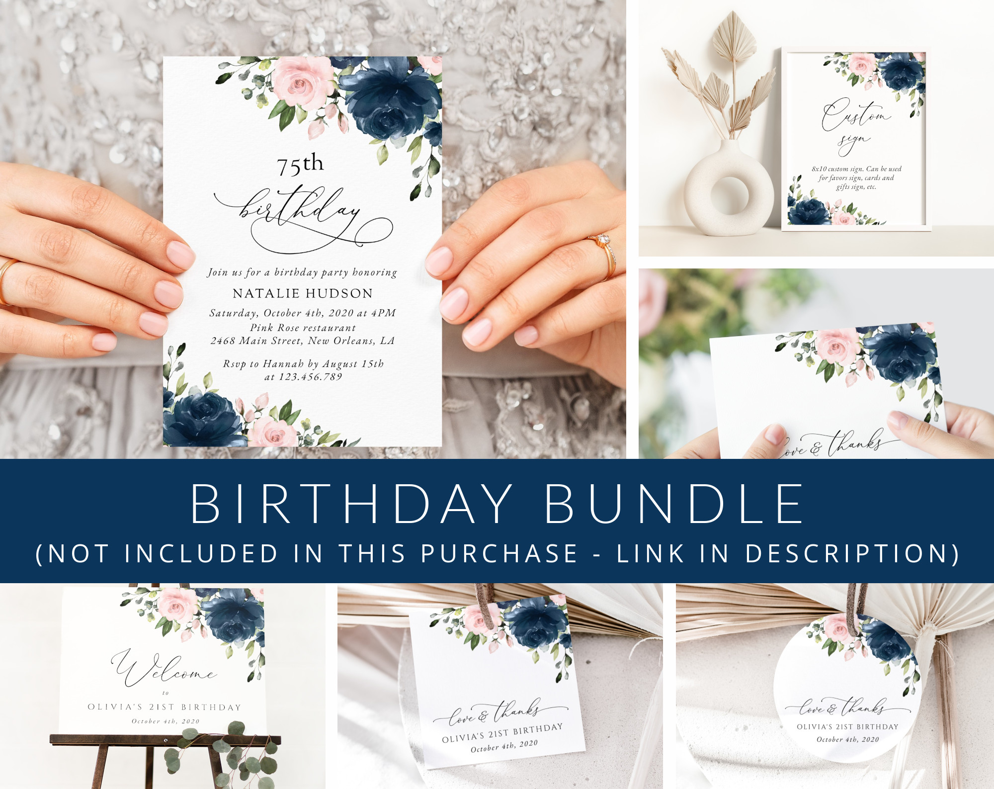 Navy and Blush Flowers Birthday Mini Bundle, Girl Birthday, Any Birthday, Printable File, Edit Yourself, SH96